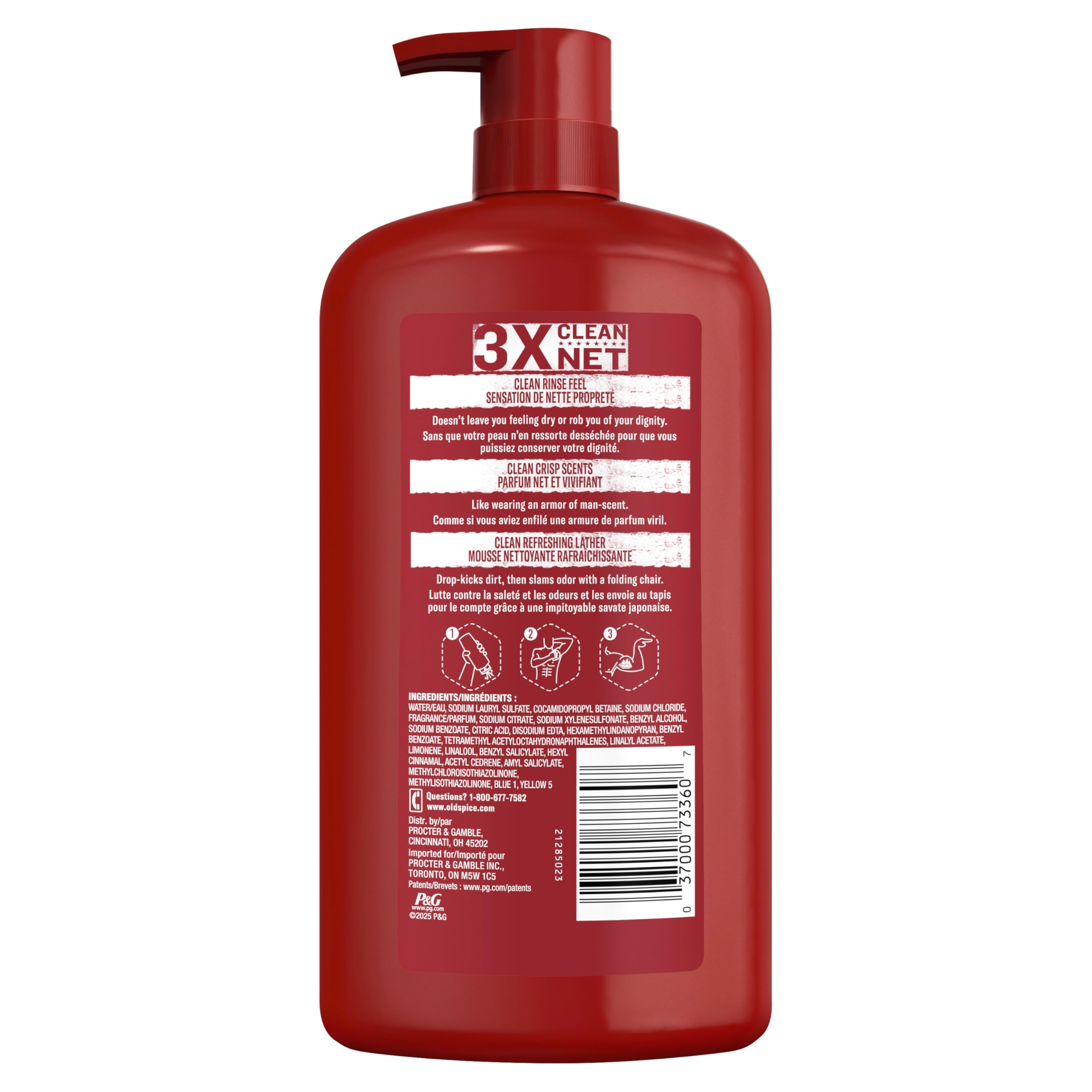 Old Spice High Endurance Body Wash Pure Sport in a 33.4oz bottle, shown in a pack of four bottles with blue and white packaging.