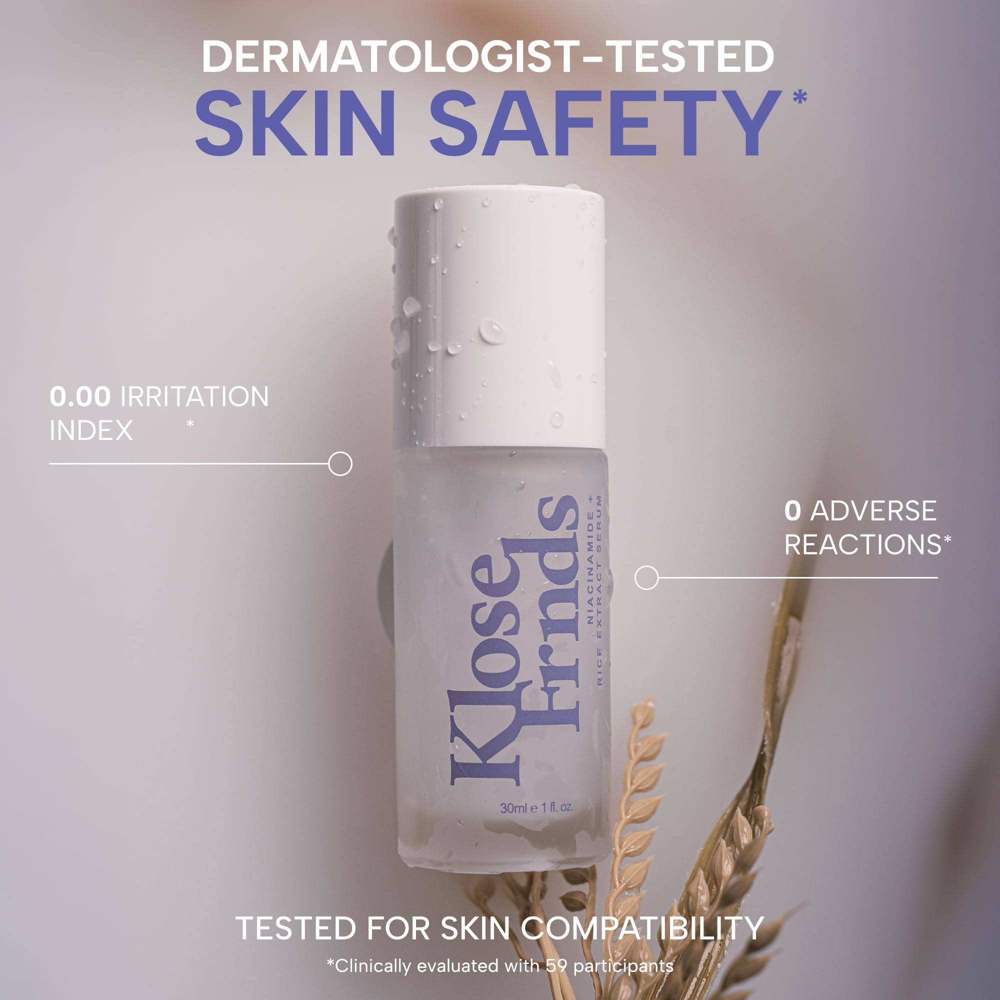 Klose Frnds Niacinamide and Rice Extract Serum for glowing skin and barrier support, shown in a sleek skincare bottle.