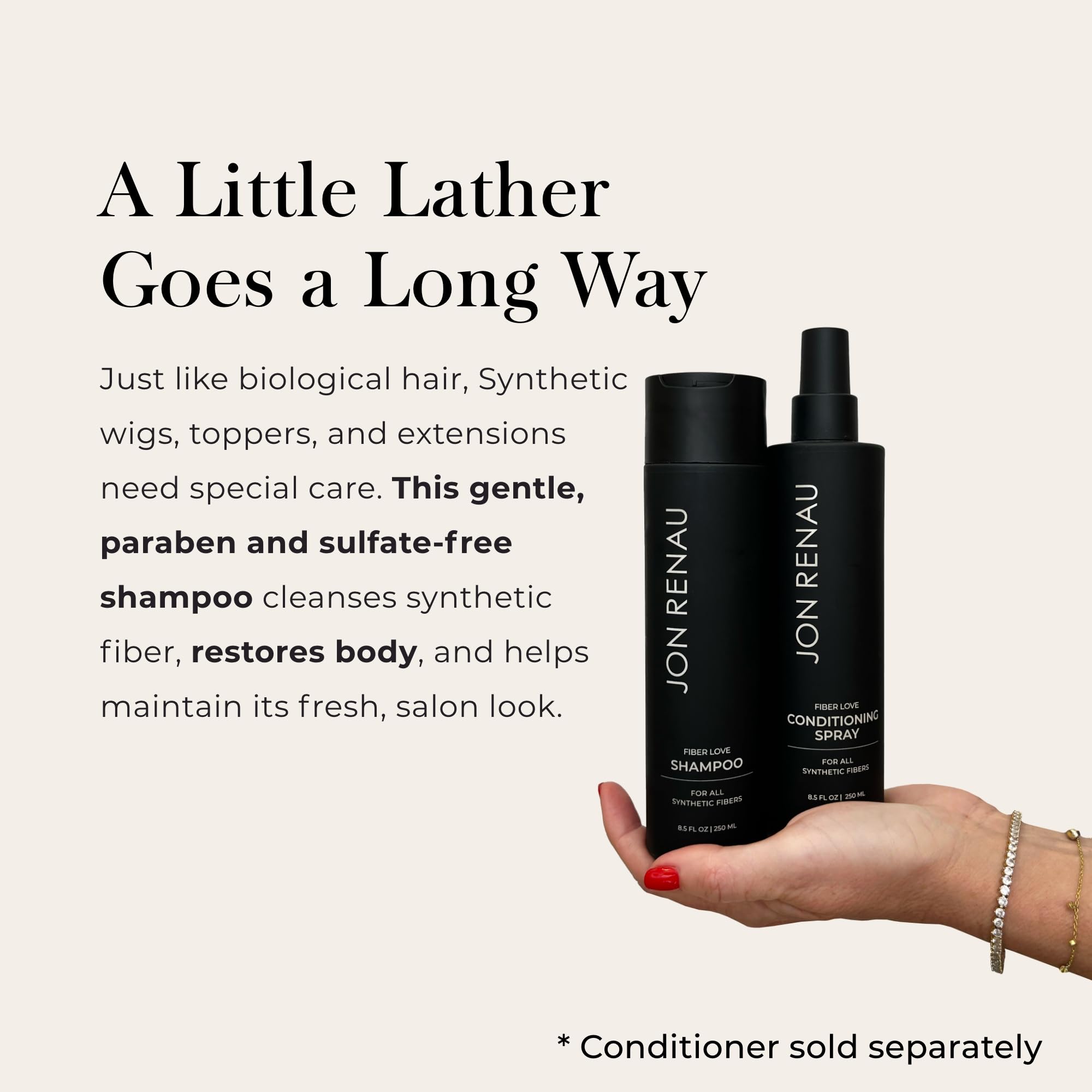 Jon Renau sulfate-free wig shampoo in a bottle, designed for synthetic hair care, with a clean, professional label.