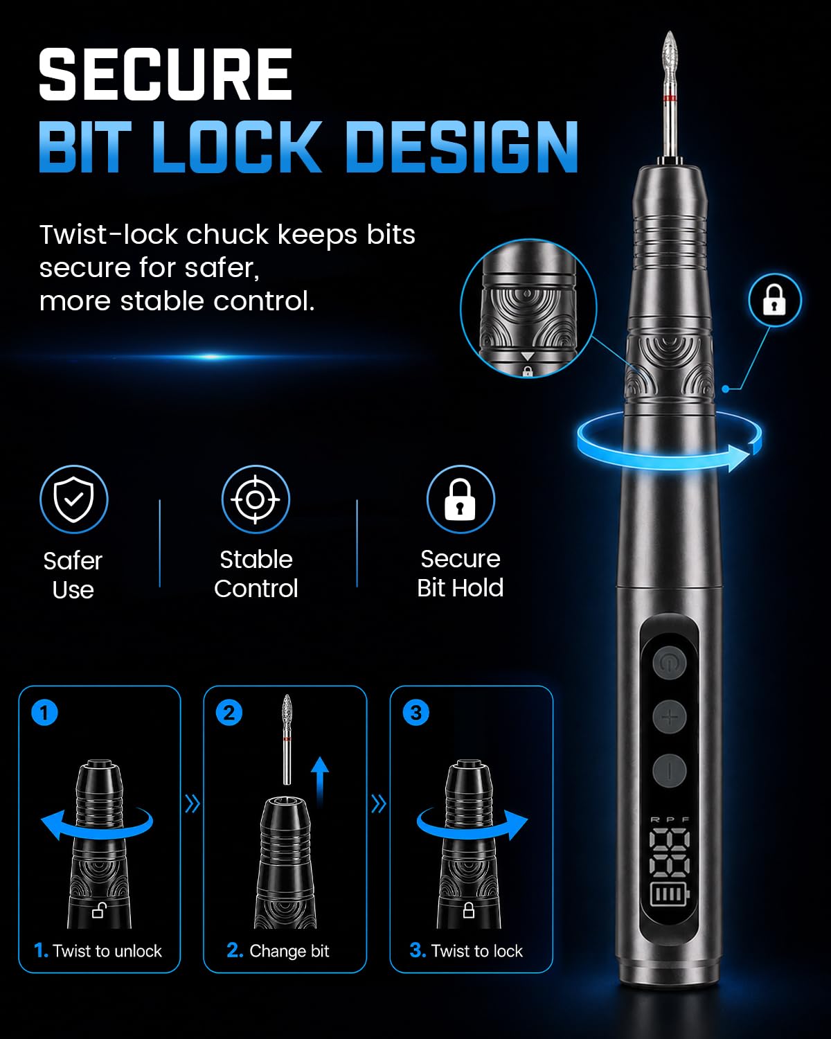 AlgoLaser Cordless Engraving Pen Kit - 35 Speed - 35,000 RPM Motor, 46 Bits – back view and specifications