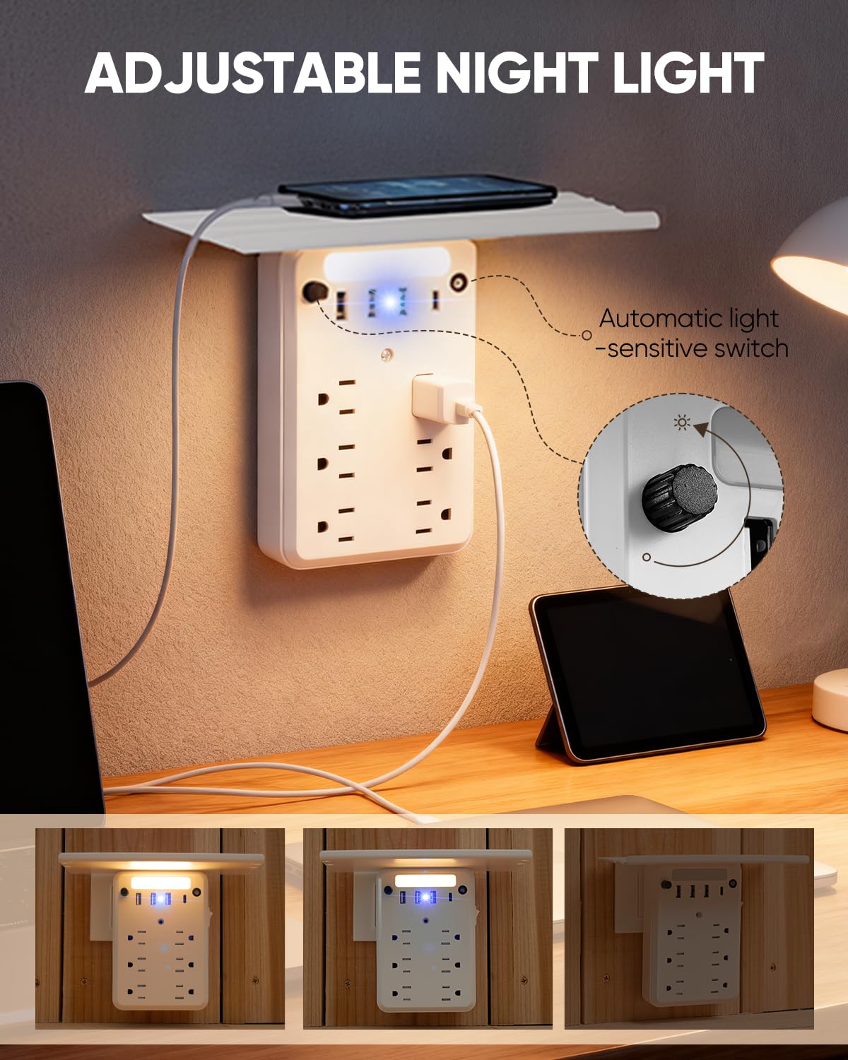 Saker Outlet Extender with Night Light, 6 AC, 4 USB, Surge Protector – full view
