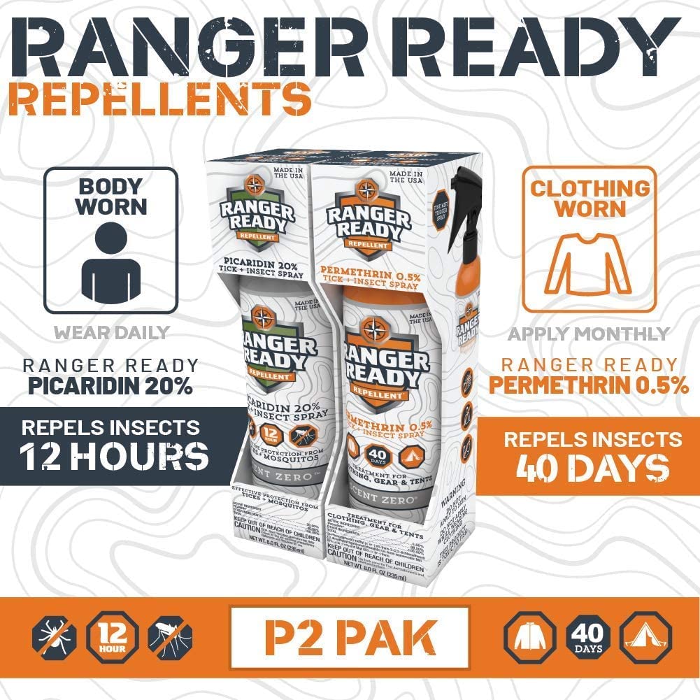 Ranger Ready Repellents Ranger Ready P2Pak Permethrin + Picaridin Insect Repellent, Scent Zero 8 Oz – Non-greasy, DEET-f
