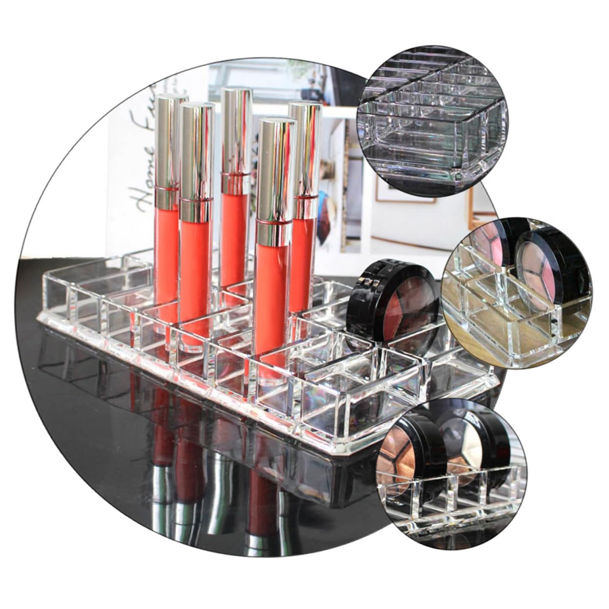TEHAUX acrylic makeup display case with 16-grid double-row compact powder organizer for beauty and vanity storage.