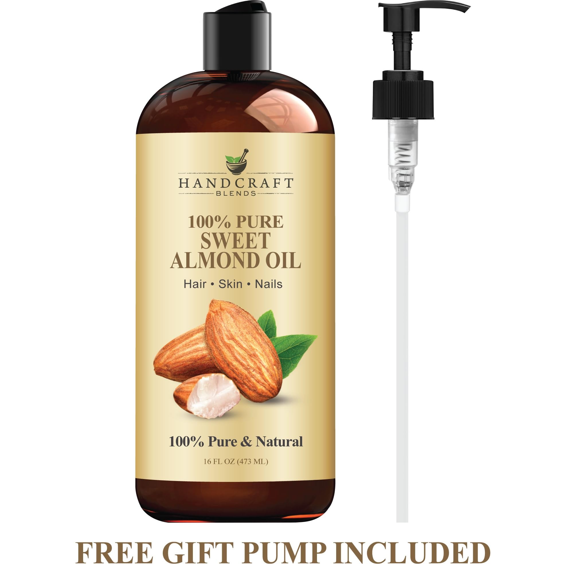 Handcraft Blends 16oz bottle of pure Sweet Almond Oil, a natural carrier oil ideal for bathwater additive and skin care.