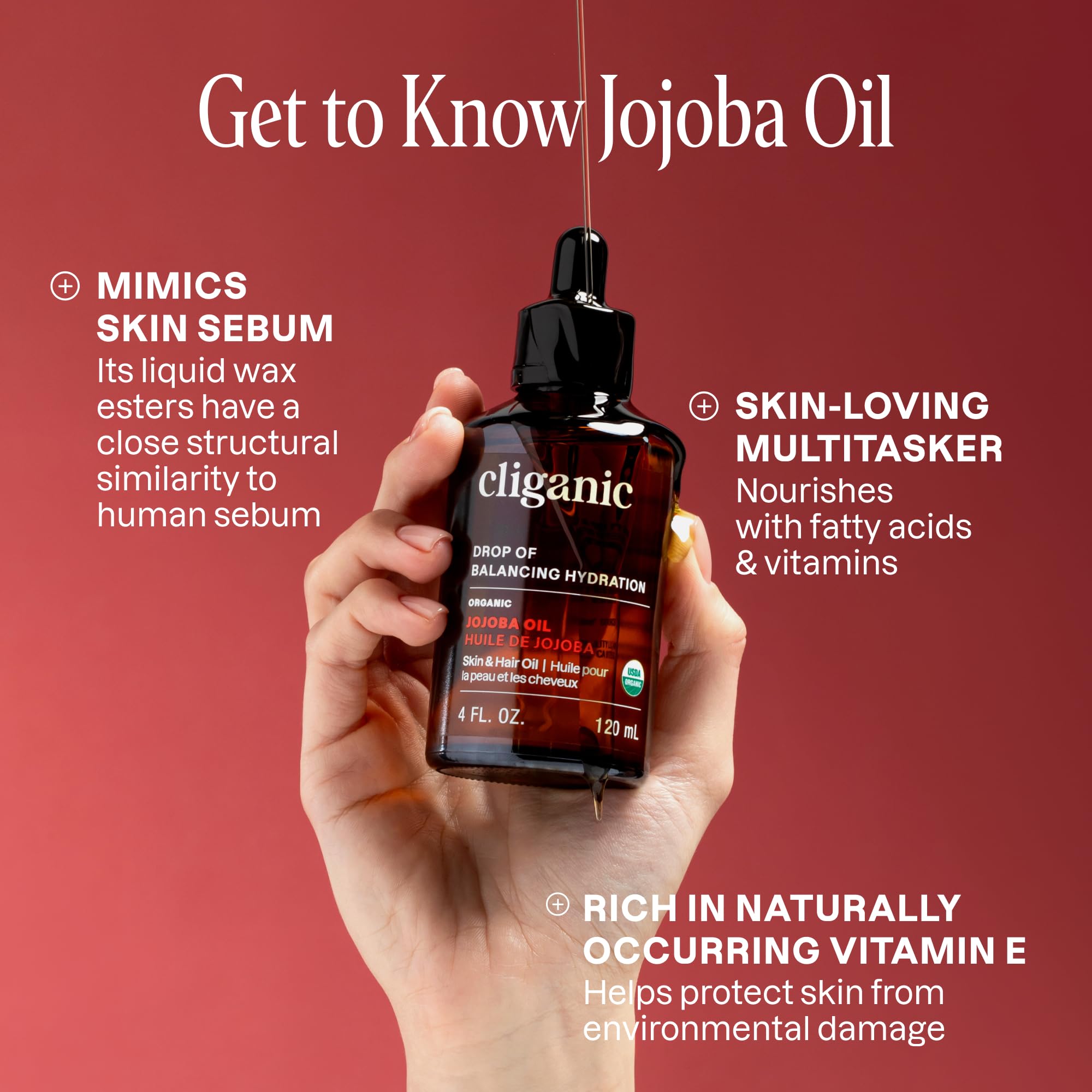 Cliganic Organic Jojoba Oil 100% pure 4oz bottle for face, natural skin moisturizer, clear liquid oil with dropper cap