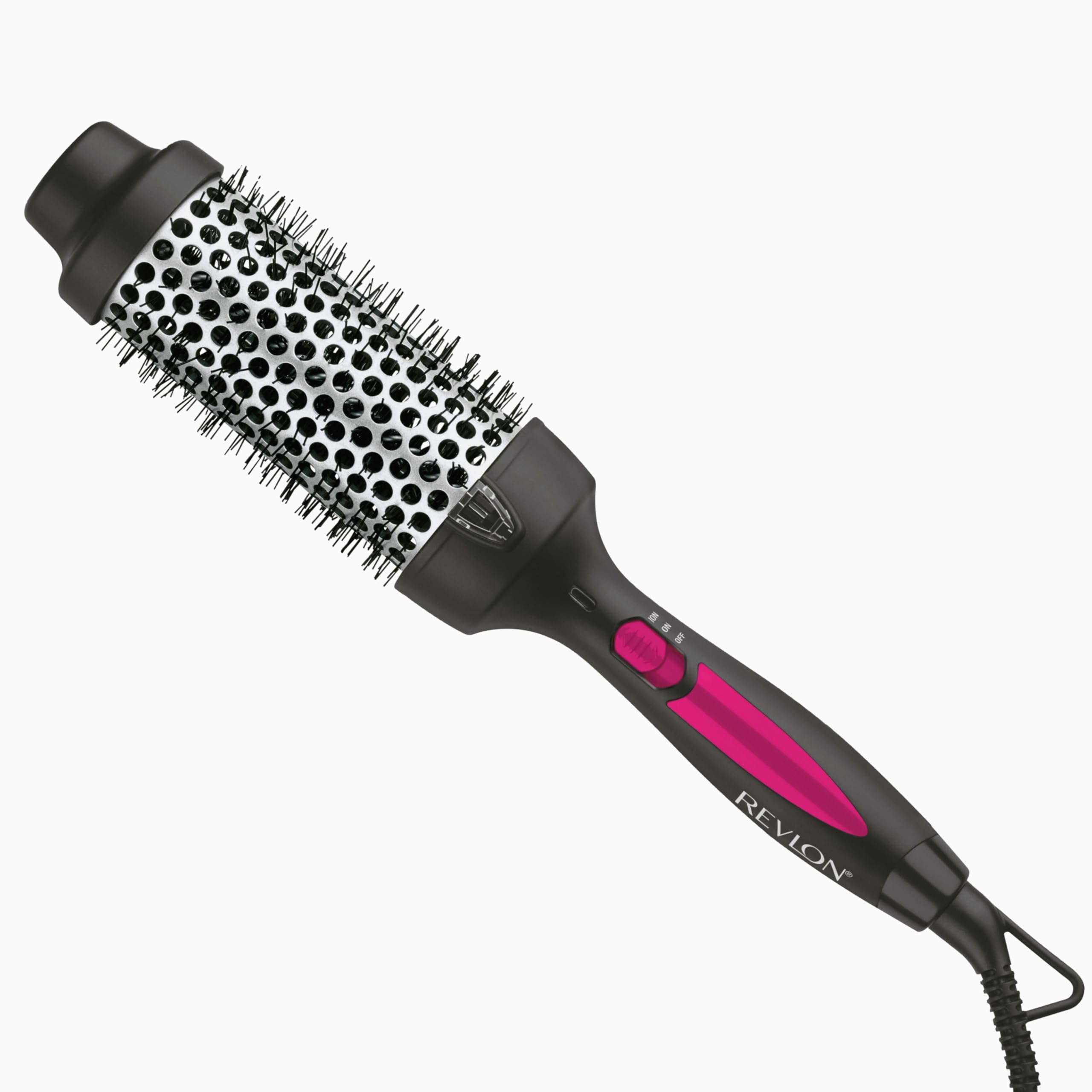 Revlon Perfect Match Hot Styler 1¾-inch heated hair brush for styling and drying hair, black and silver design.