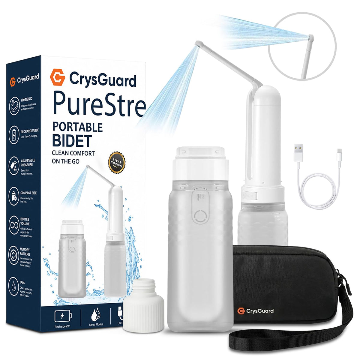 CrysGuard ( Pink, 320ml ) PureStream Portable Bidet for Travel – USB-C Rechargeable Handheld Sprayer with Bottle Adapter