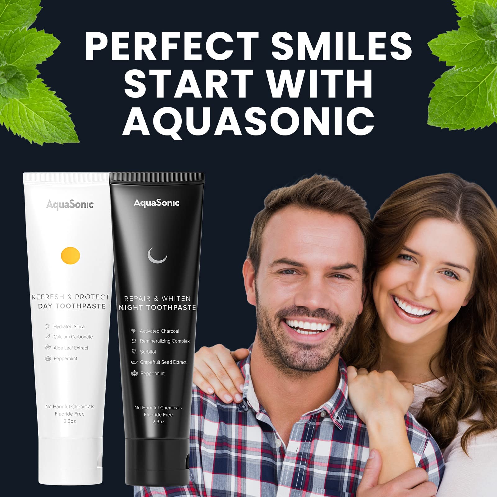 AquaSonic Complete Care Toothpaste in a tube with label showing natural, fluoride-free toothpaste for whitening, protecting, and cleaning teeth.