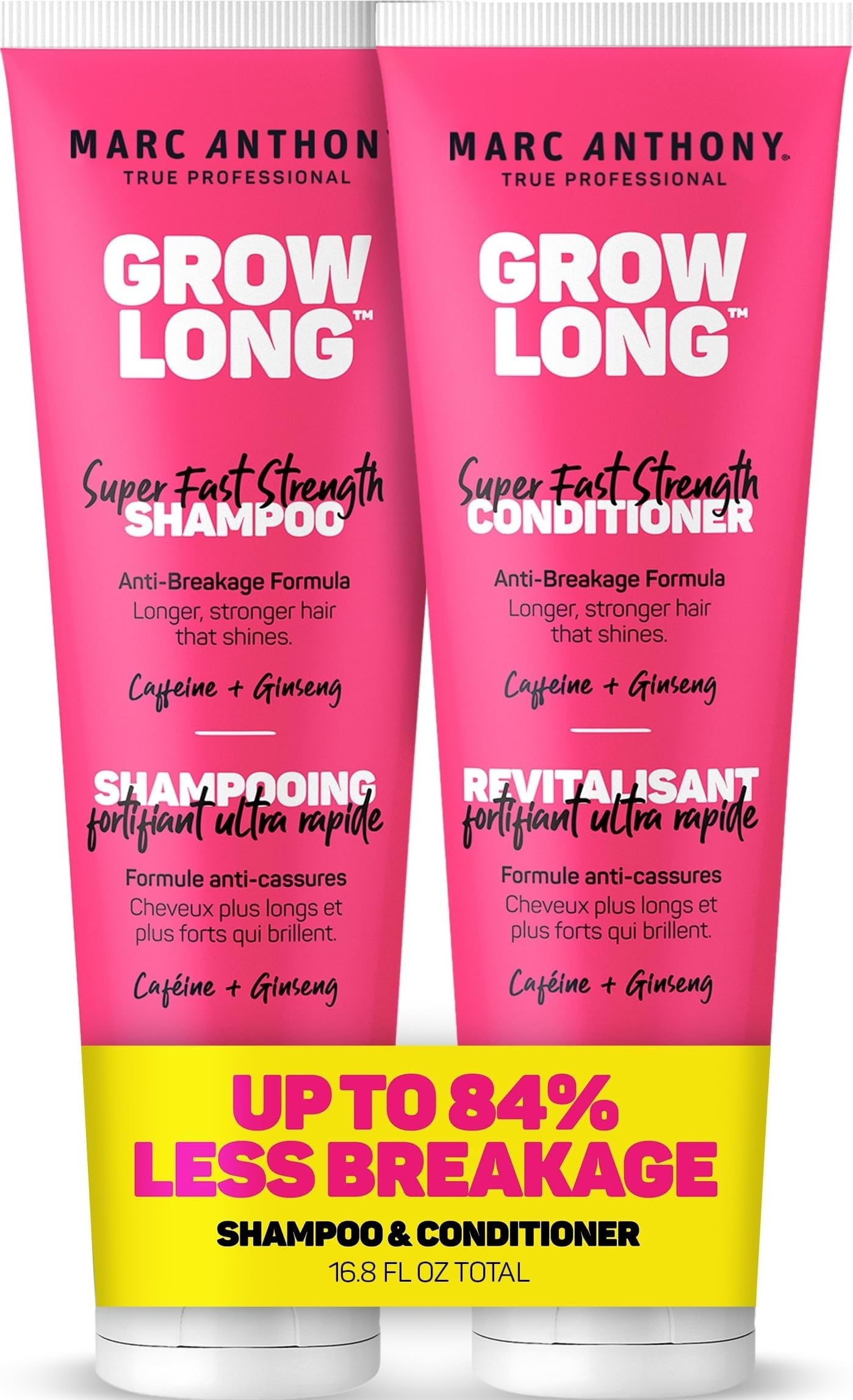 Marc Anthony Grow Long anti-breakage hair shampoo and conditioner set, creamy formula, with bottles shown side by side.