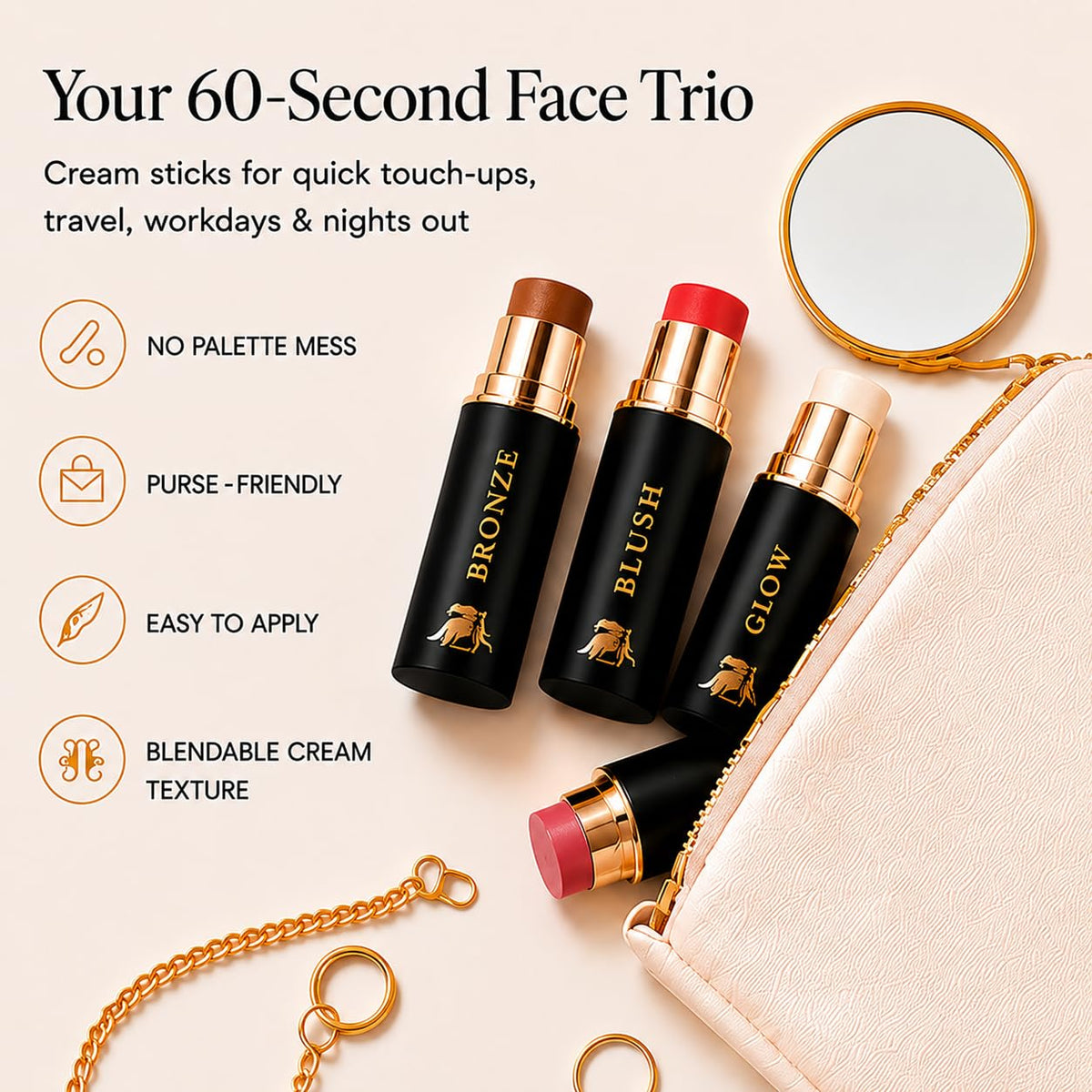 Phoenix Beauty Contour Stick Set, Blush, Bronzer & Highlighter, Luminous – back view and specifications