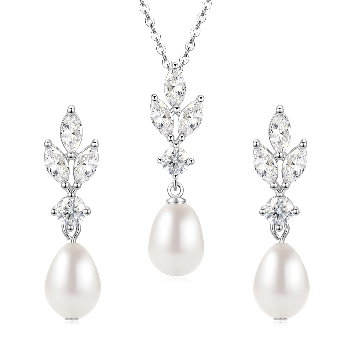 DENGGUANG Freshwater Pearl Jewelry Set for Women, White Pearl Pendant Necklace and Drop Earrings Set with Moissanite, We