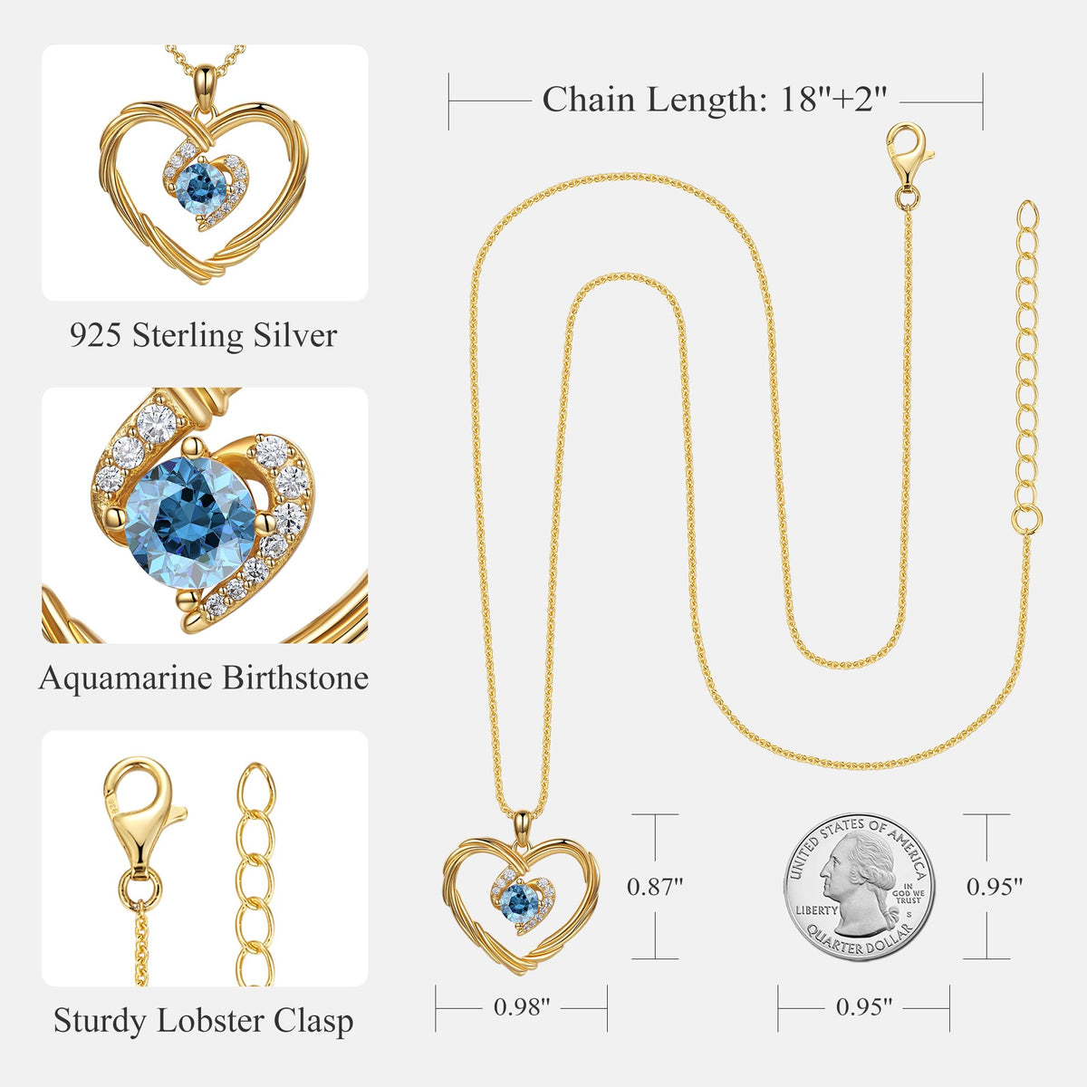 G&GEMSJEW Gold Heart Birthstone Necklaces for Women 925 Sterling Silver – full view, size Medium