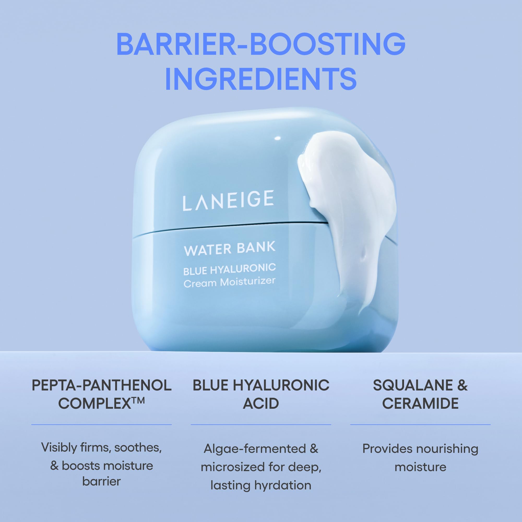 Laneige Water Bank Blue Hyaluronic Cream 50ml jar showing smooth, hydrating cream with blue packaging and product label.