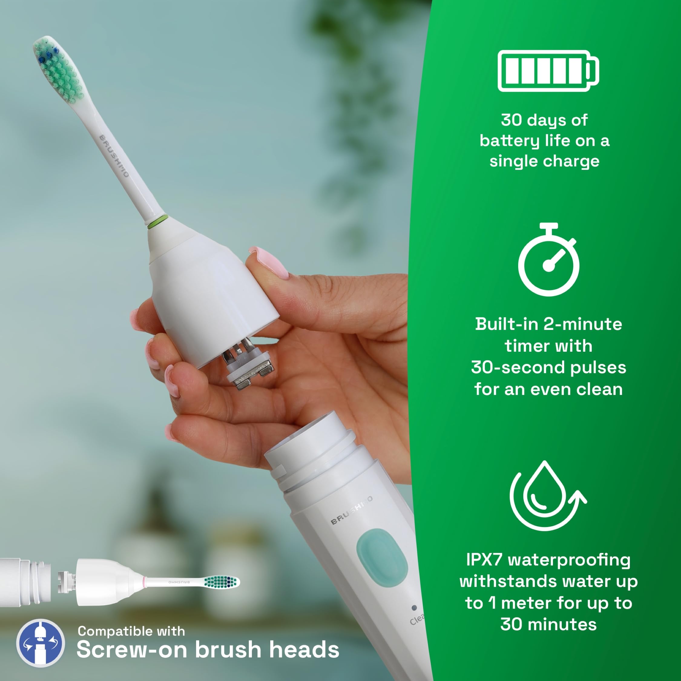 Brushmo E-Series electric sonic toothbrush head with white design, suitable for Rechargeable electronic toothbrush, waterproof and travel-ready.