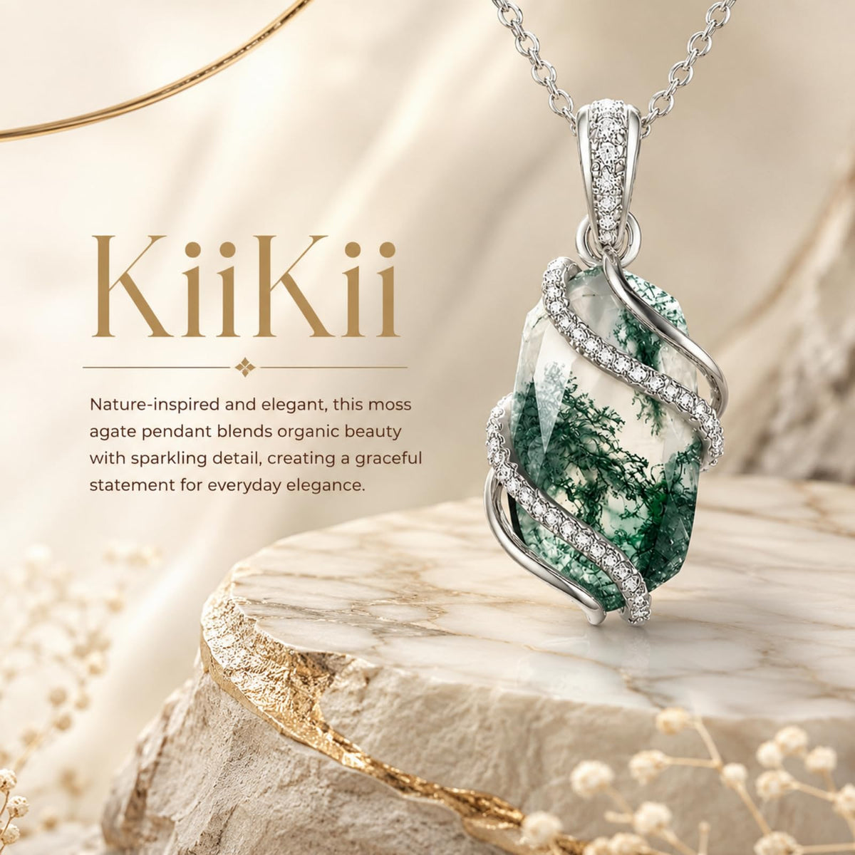 KiiKii Handmade Natural Stone Necklace, White Gold Plated Jewelry Gift – full view, size 0.94*0.39 inches