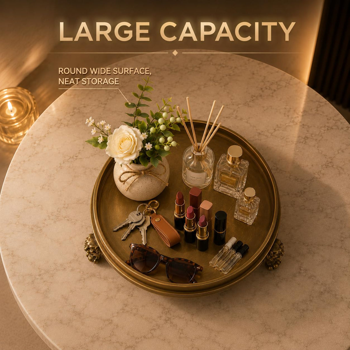 OOGKA Vintage Brass Clawfoot Tray, Round Pedestal Candle Holder and Jewelry Dish – full view