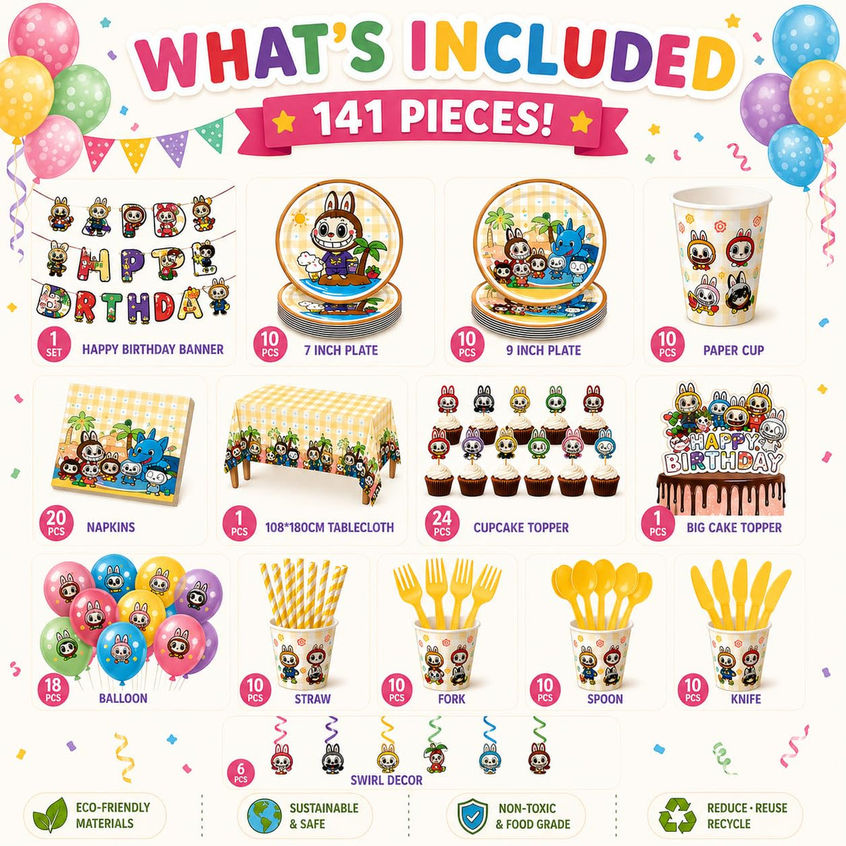 Cartoon Creatures Party Pack (Sunshine Party squad) – product photo (Multi-Item Party Favor Packs)