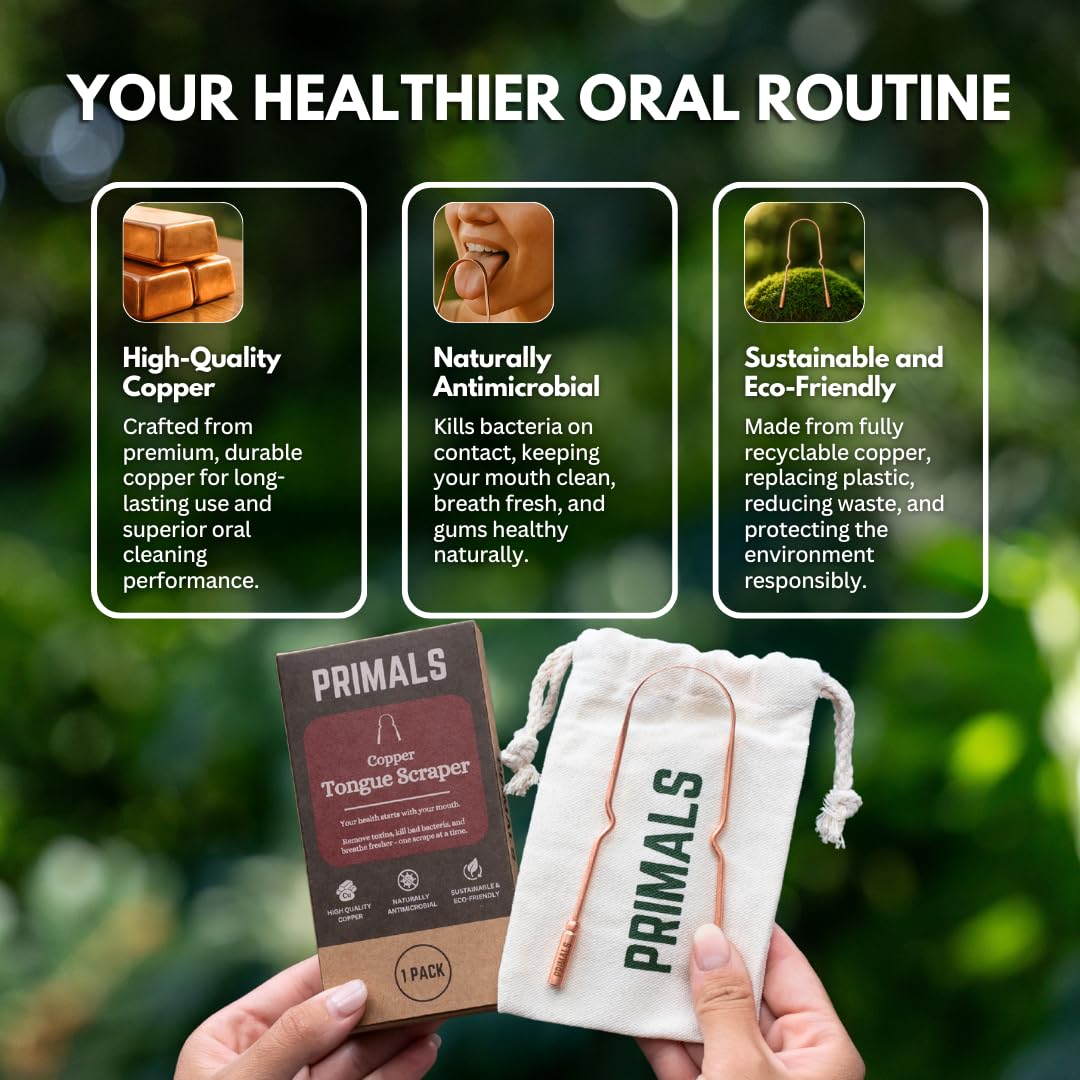 PRIMALS Copper Tongue Scraper - Fresher Breath & Improved Oral Health - Natural Ayurvedic Cleaner for Daily Detox - Rust-Resistant, Eco-Friendly with Travel Cloth Pouch Included (1 Count)