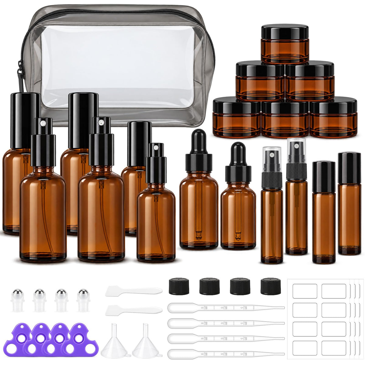 UPBUD 43 Pack Glass Amber Travel Bottles for Toiletries, TSA Approved Travel Containers, 0.3/0.5/1/1.7oz Amber Glass Bot