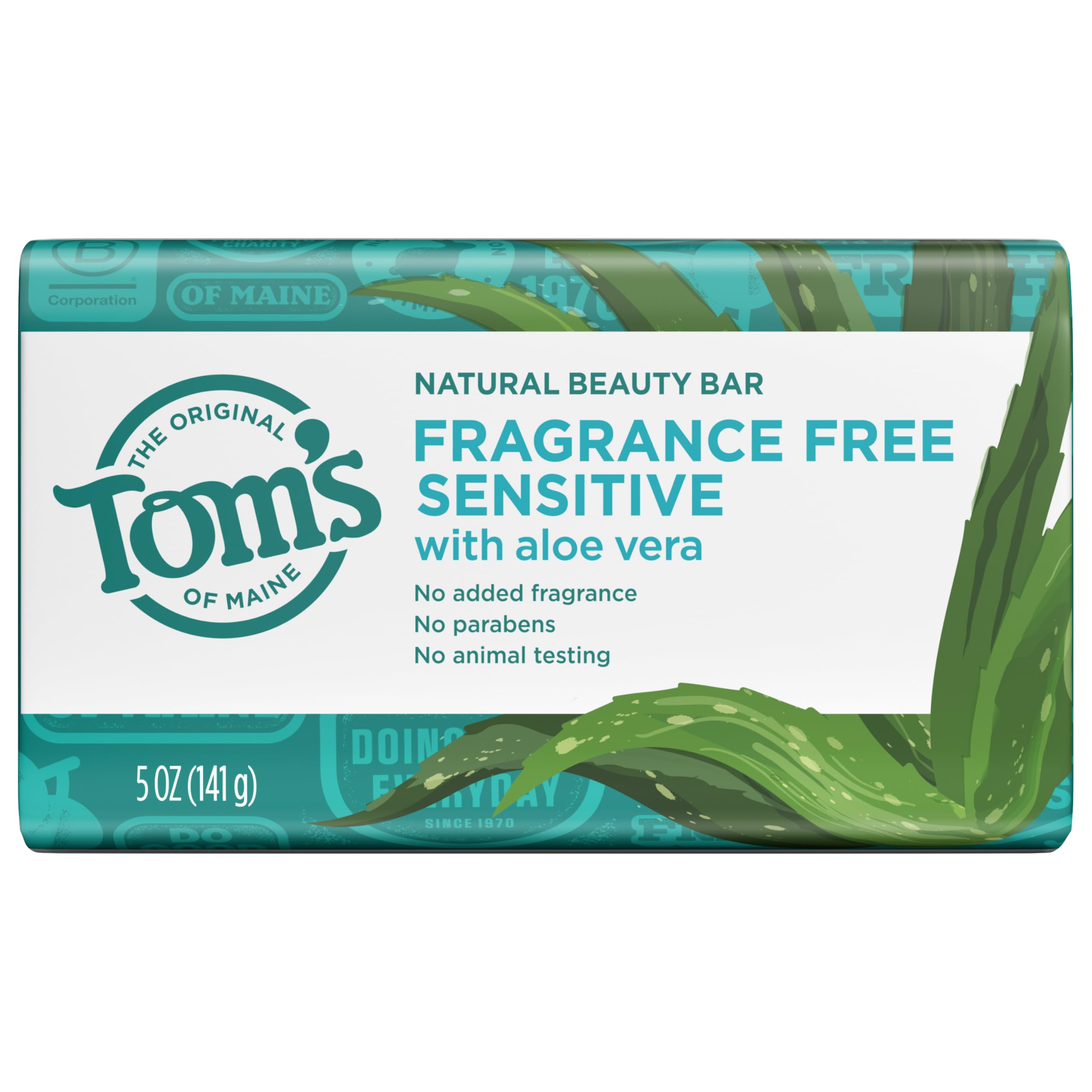 Tom's of Maine fragrance-free natural beauty bar soap, 5 oz, stacked in a 6-pack, showing the clean, simple soap bars.