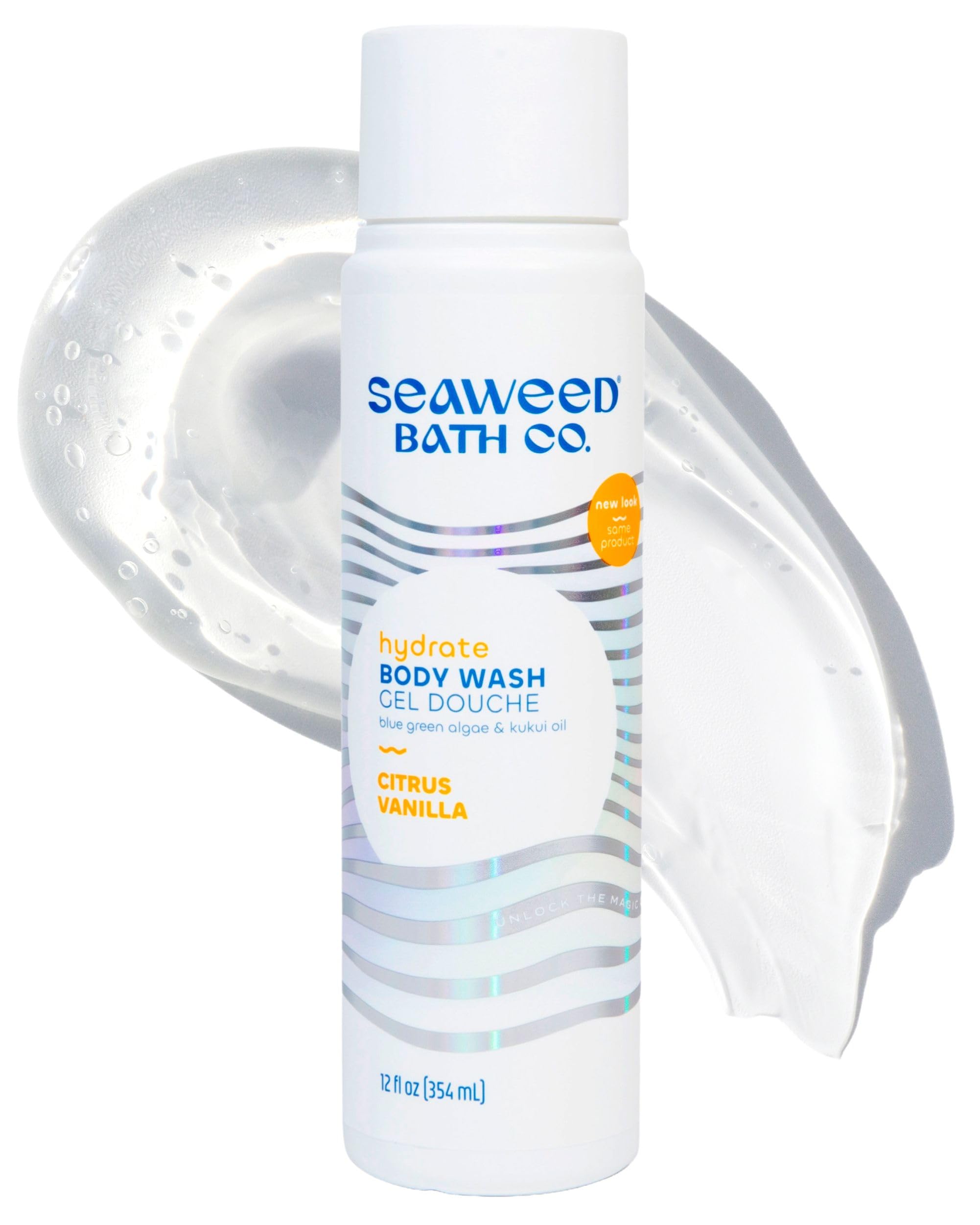 Seaweed Bath Co. Hydrate Citrus Vanilla Body Wash bottle with label, 12oz size, creamy formula, and citrus vanilla scent.