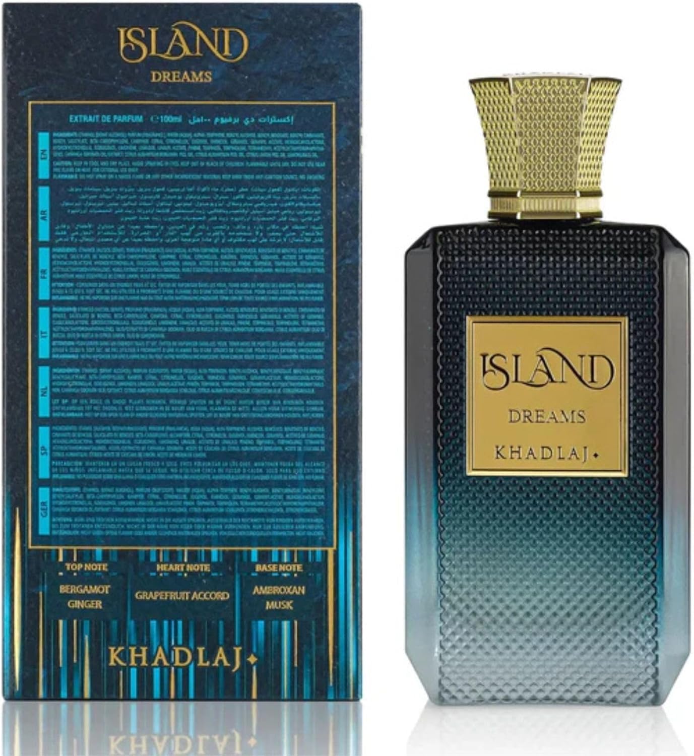 Khadlaj Island Dreams Extrait de Parfum 3.4oz bottle, personal fragrance with tropical floral scent, elegant design and branding.