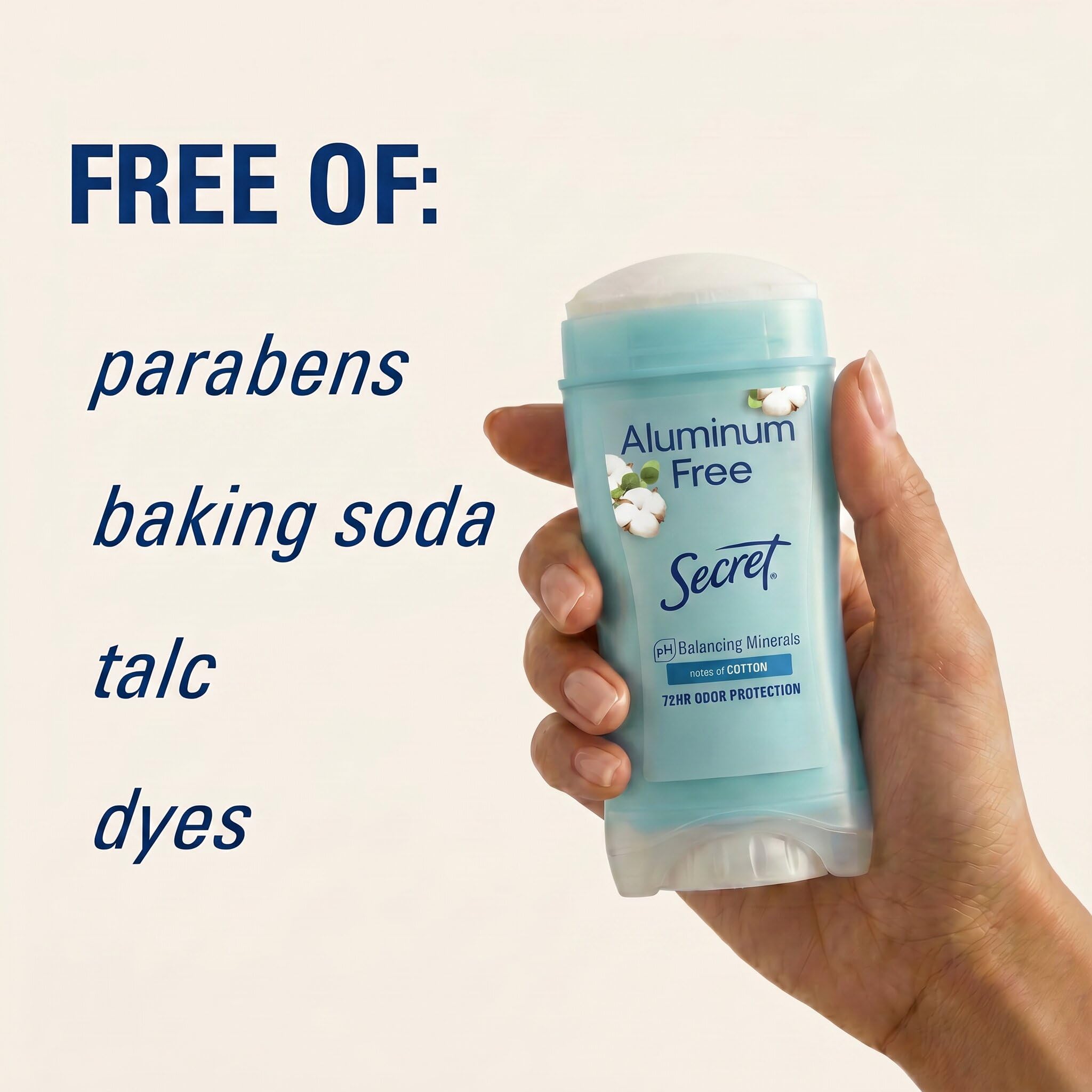 Secret Aluminum-Free Women's Cotton Scent Deodorant stick, 2.4 oz, with a smooth white plastic container and cotton fragrance label.