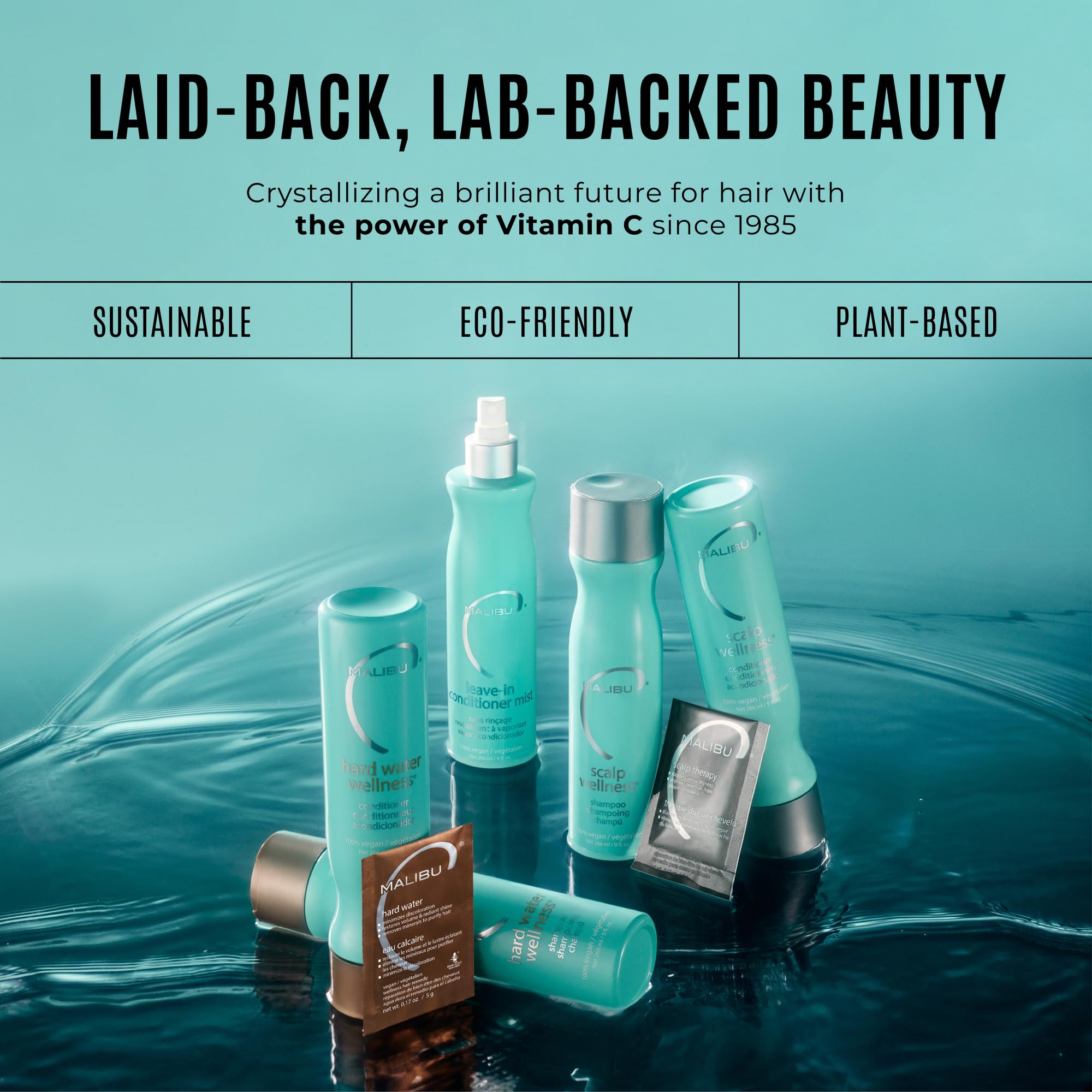 Malibu C Hard Water Wellness conditioner packet for hydrating hair and removing mineral deposits in hard water.