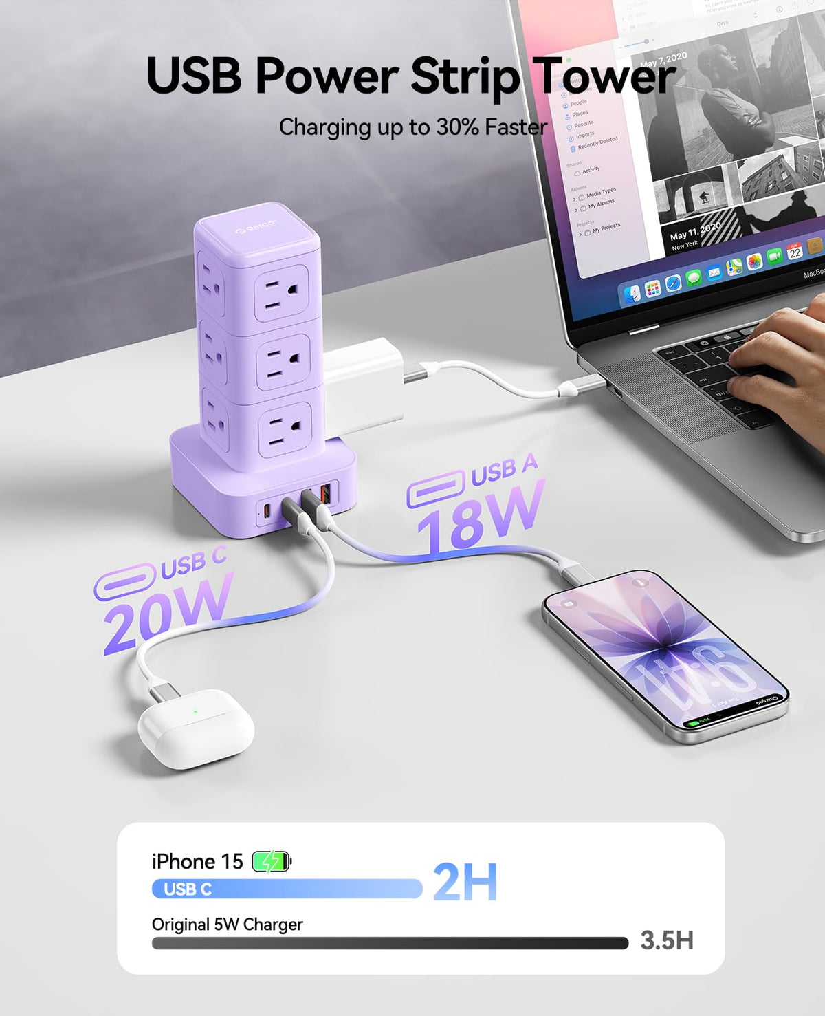 ORICO 10FT Extension Cord with 12 AC Outlets 4 USB, Surge Protetctor Power – close-up detail