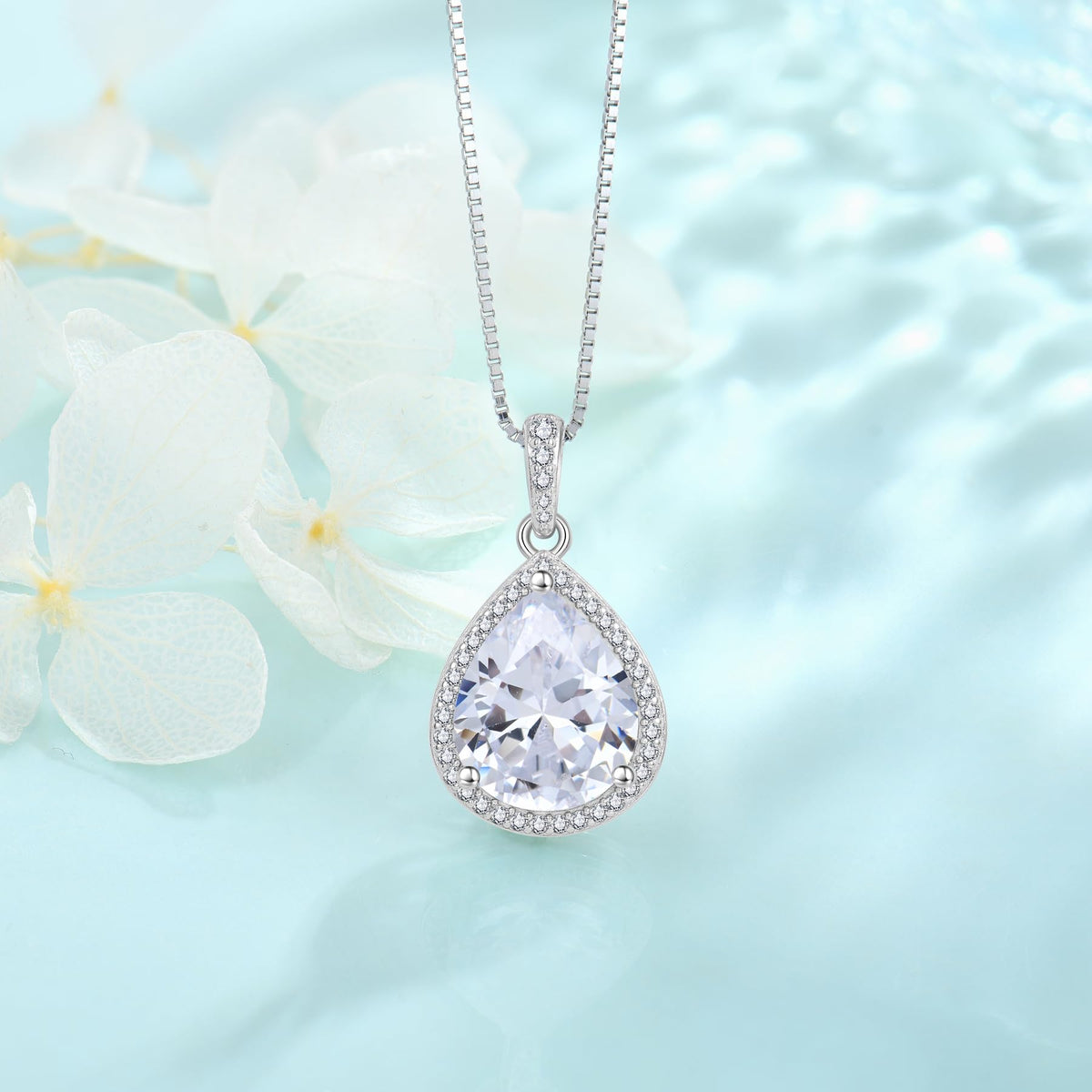 FJ Teardrop Pendant Necklace 925 Sterling Silver Birthstone Jewelry – packaging and label