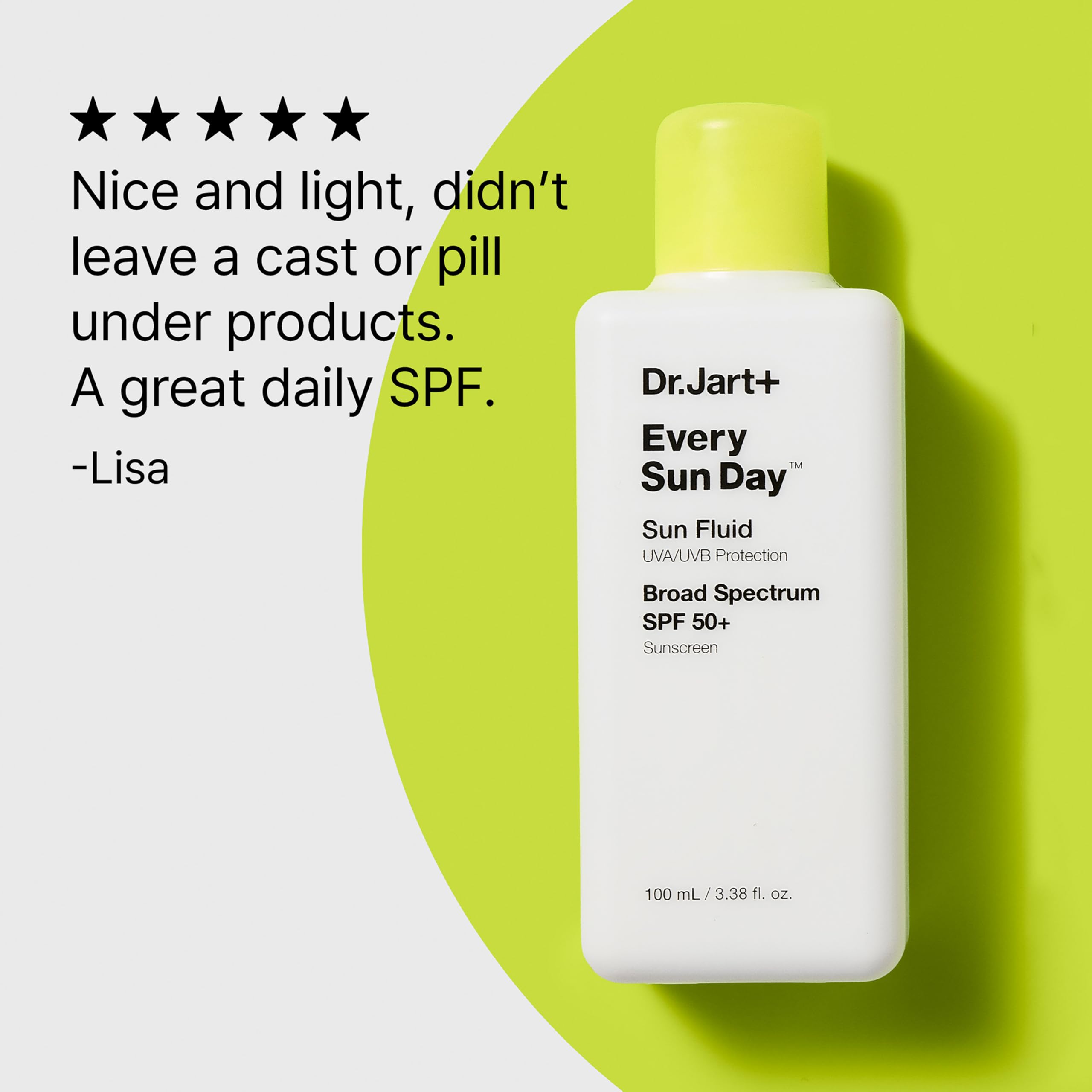Dr.Jart+ Every Sun Day Sun Fluid Korean sunscreen SPF 50+ for face, 3.38 fl oz, with lightweight, protective formula