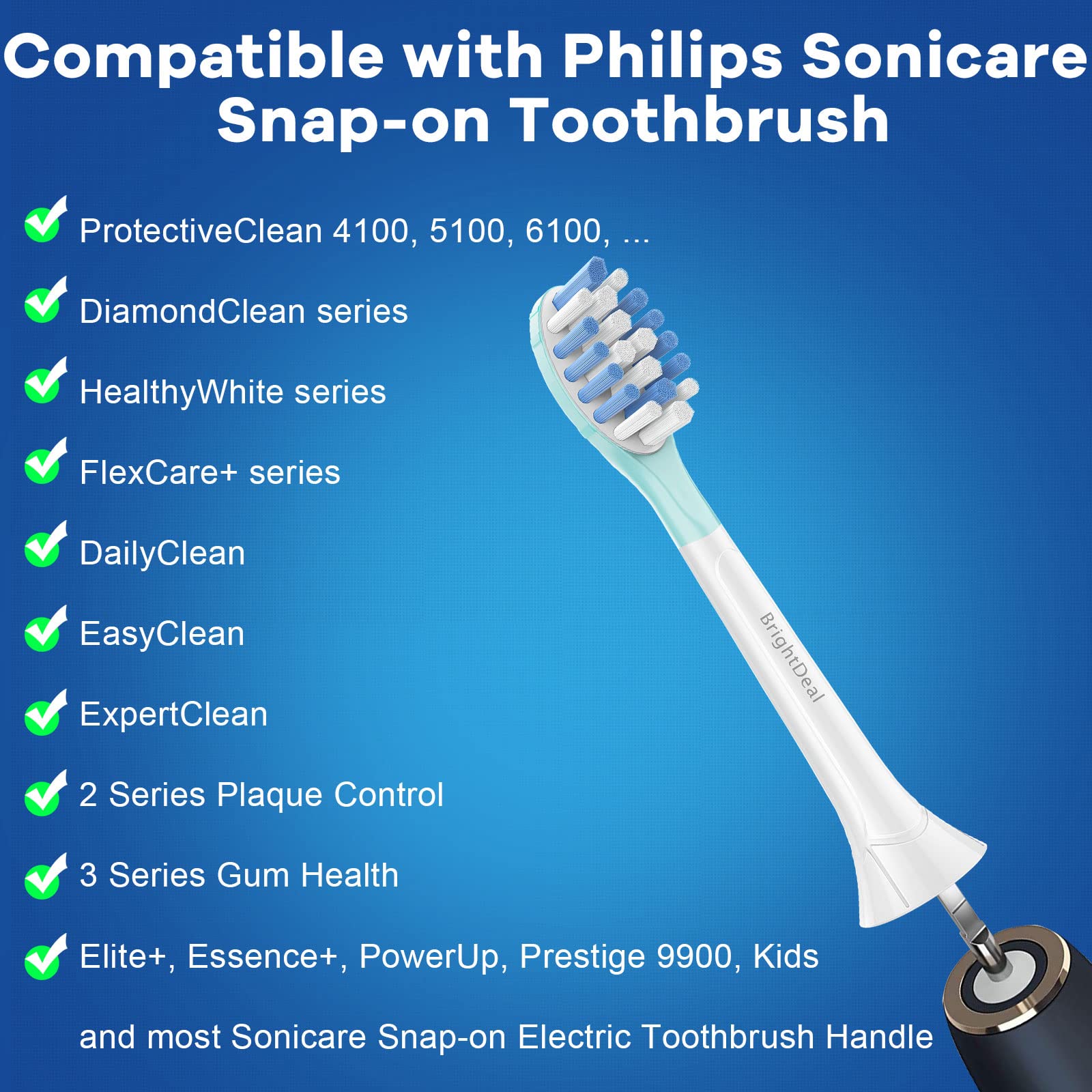 Six BrightDeal Sonicare toothbrush replacement heads in white for compatible electric toothbrushes.