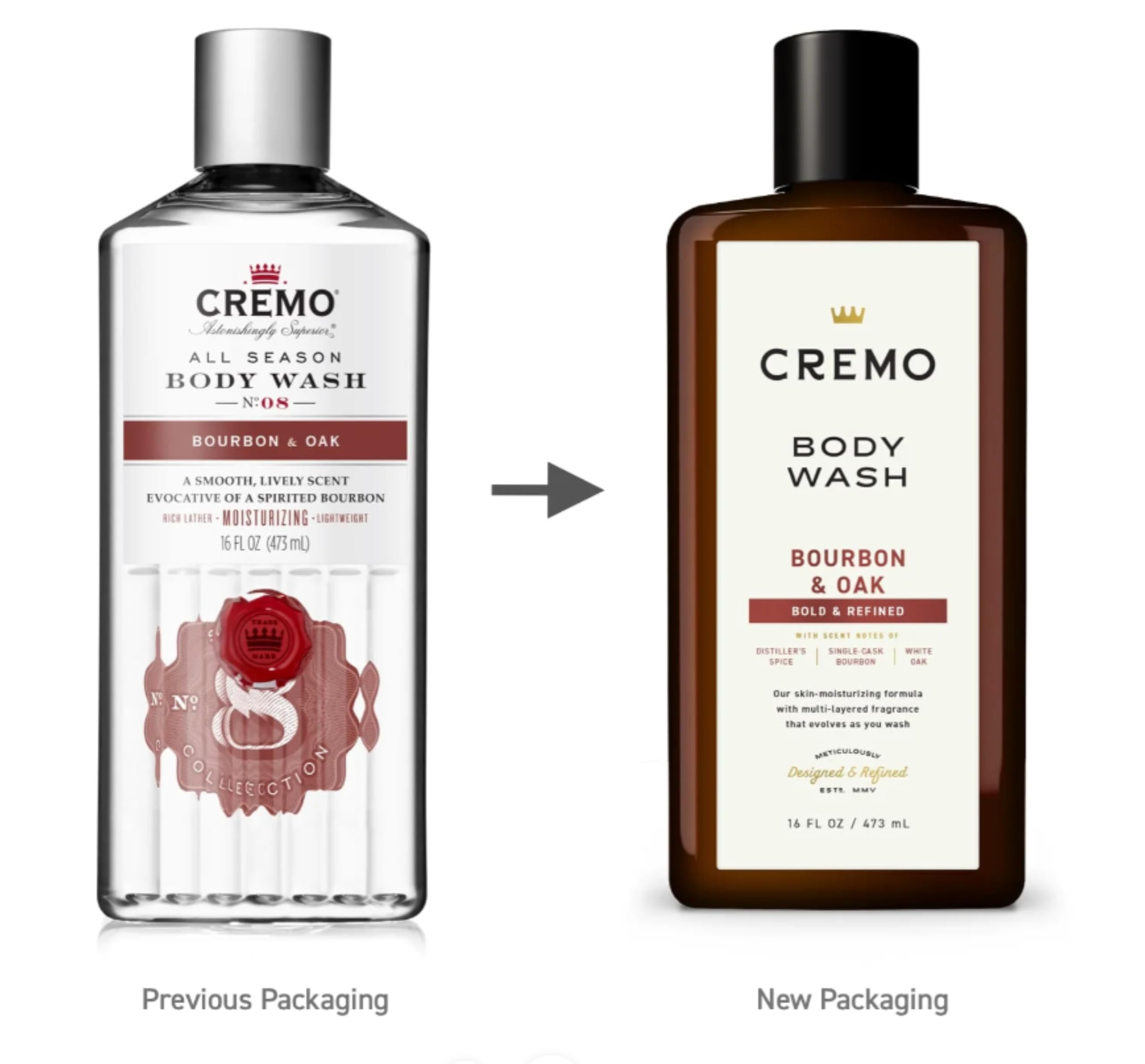 Cremo Bourbon & Oak body wash bottles in a 16 oz pack, skin cleaning agent with a rich, masculine scent and dark packaging