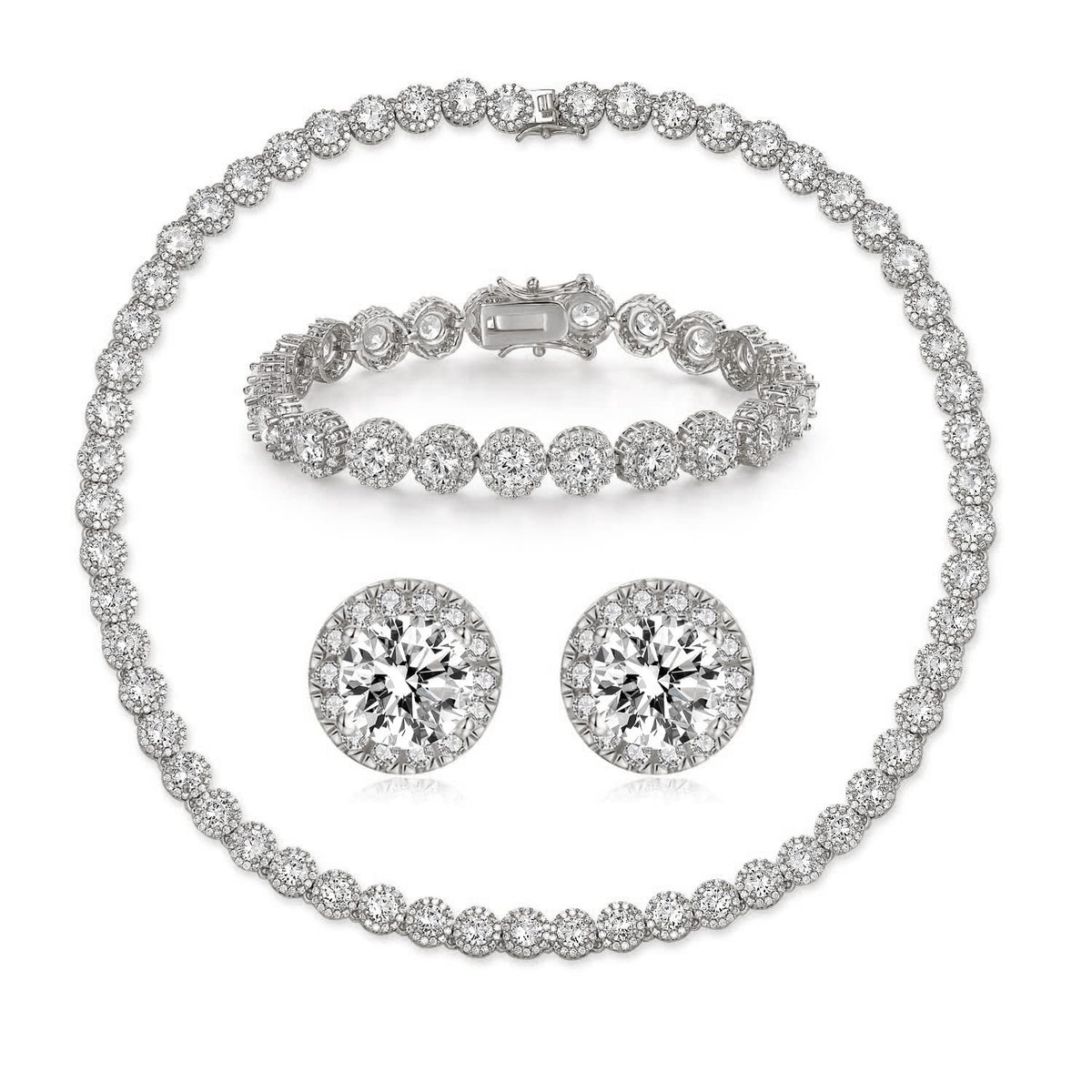 Gemsme 18K White Gold Plated Cubic Zirconia Tennis Necklace Bracelet Earrings for Women for Men Jewelry Set – White, Bra