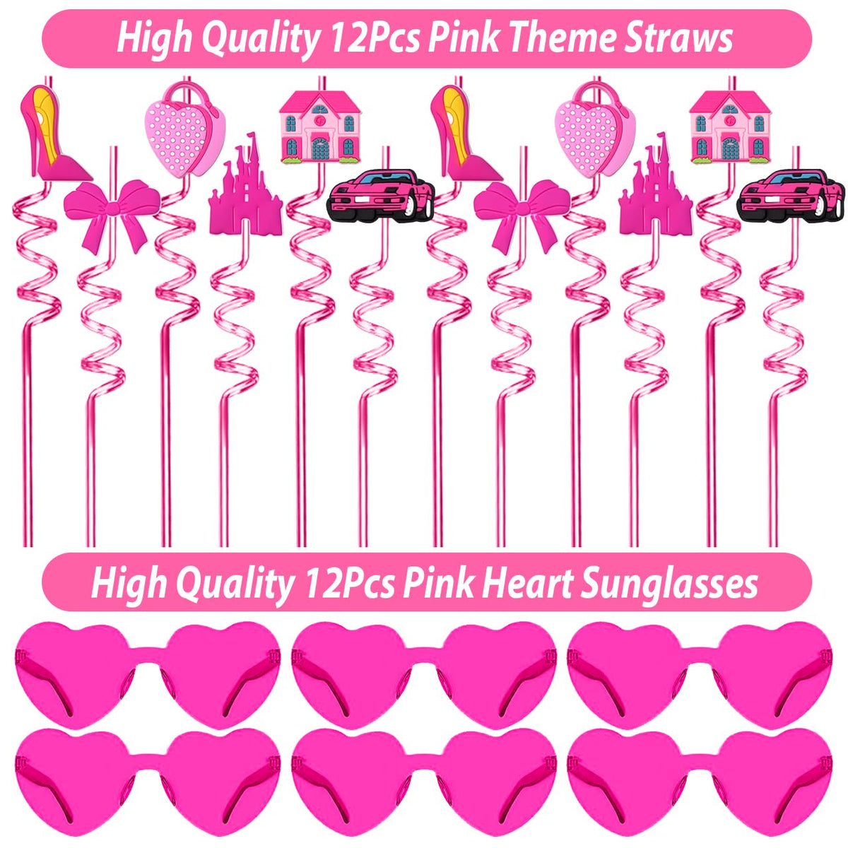 Fumogym 220PCS Pink Party Favors Kit for Girls – Birthday Supplies Includes Glasses, Straws, Bubble Wands, Treat Bags & 