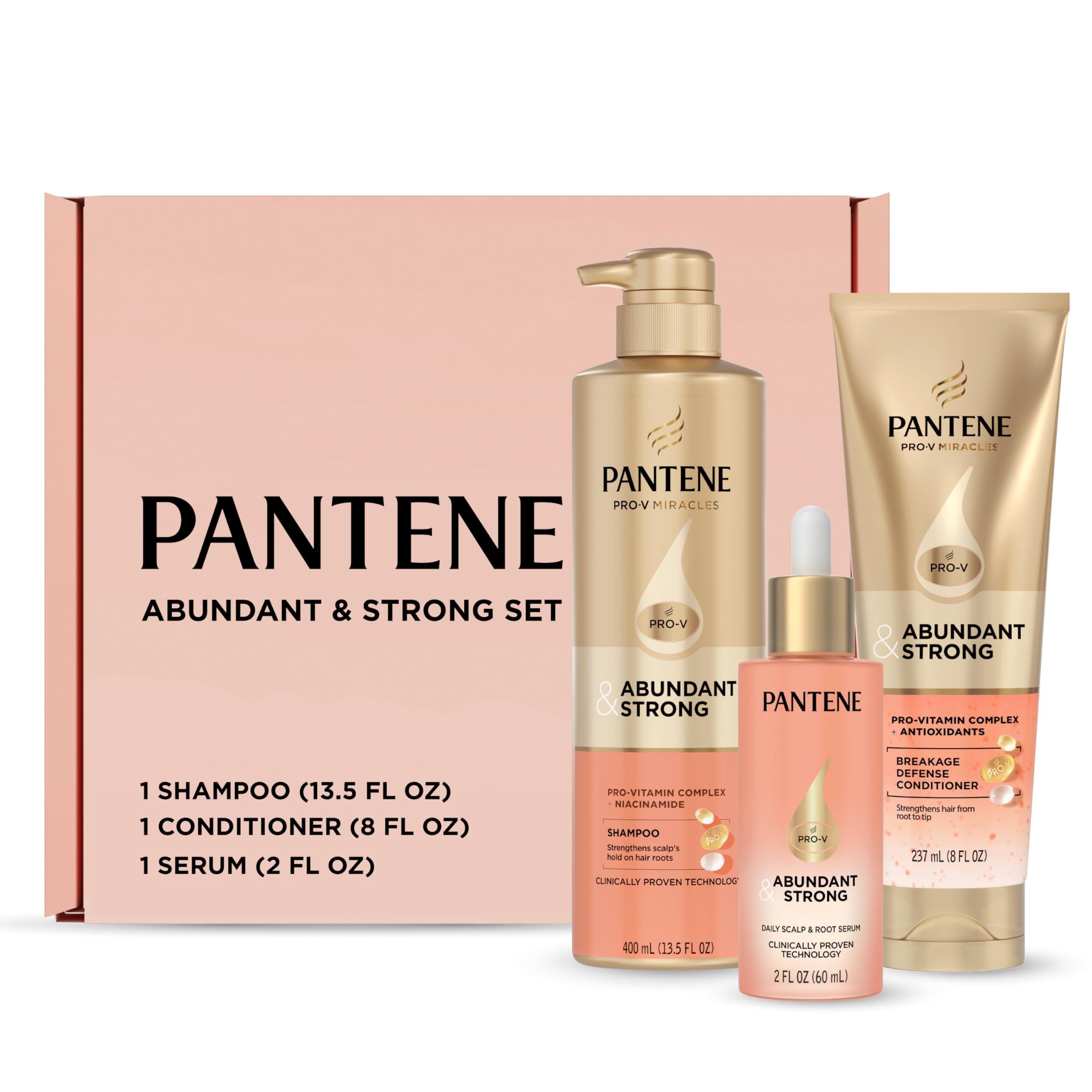 Pantene Abundant & Strong hair care set with shampoo, conditioner, and serum for thickening, anti-breakage, and healthier hair.