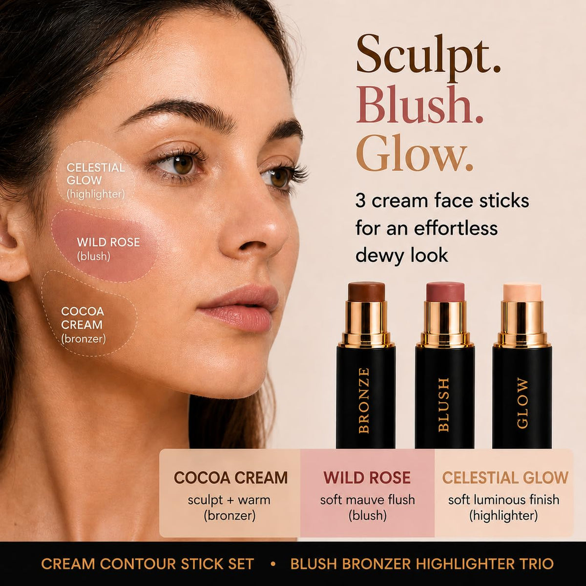 Phoenix Beauty Contour Stick Set, Blush, Bronzer & Highlighter, Enchanted – close-up detail in Enchanted