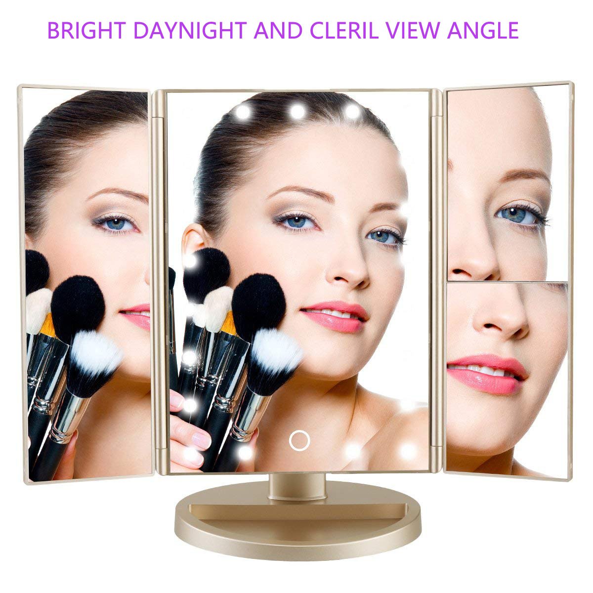 deweisn Floor Mount Tri-Fold Lighted Vanity Mirror with 21 LED Lights, Touch Screen and 3X/2X/1X Magnification, Two Powe