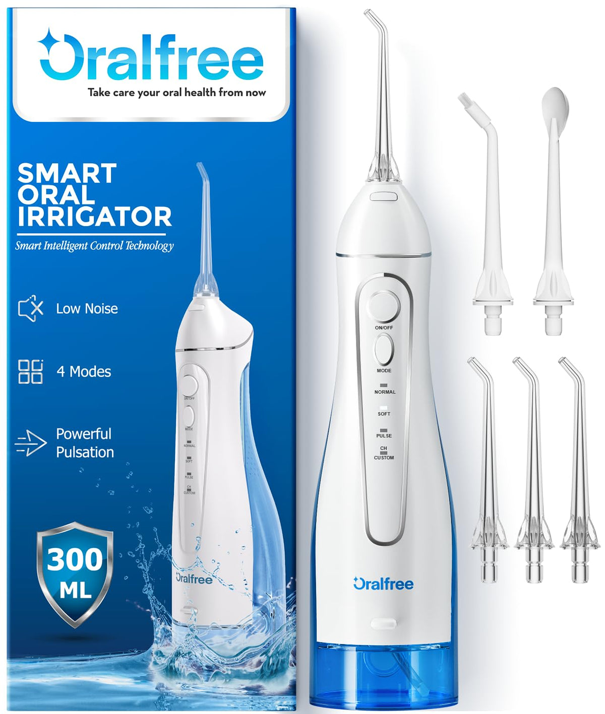 Oralfree Water Dental Flosser Cordless for Teeth Cleaning - 4 Modes Oral Irrigator 300ML Braces Flossers Cleaner, Rechar