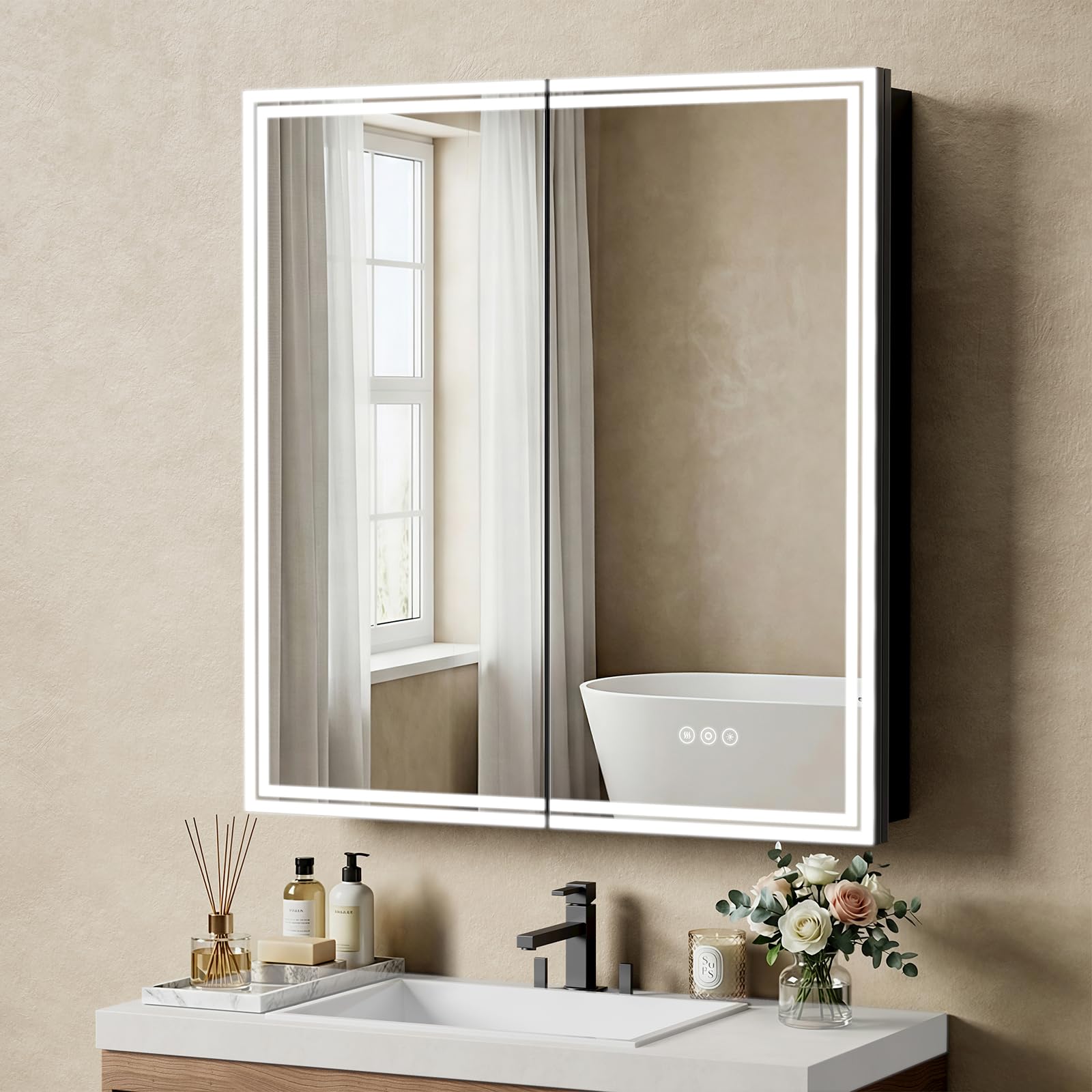 30"x32" LED Lighted Medicine Cabinet, LED Mirror with Defogger, - Product Imagery