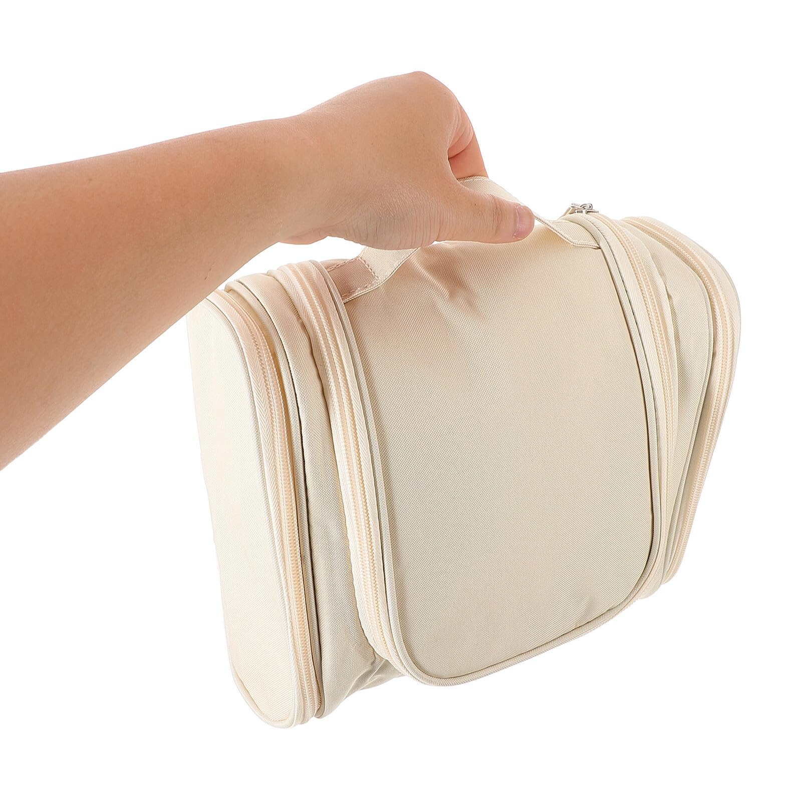 TOVINANNA large waterproof hanging toiletry bag with handle, beige travel makeup organizer and bathroom storage case.