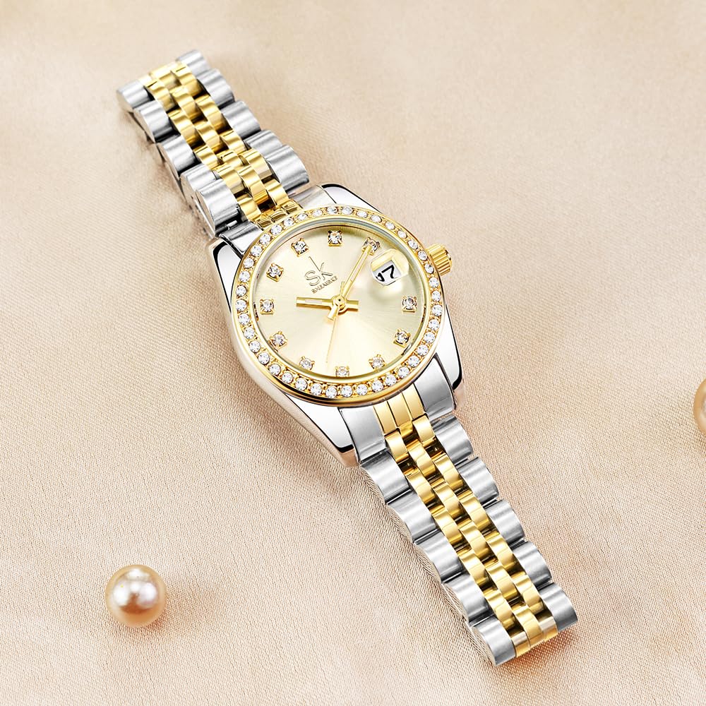 SHENGKE Women’s Crystal Accented Calendar Watch – back view and specifications