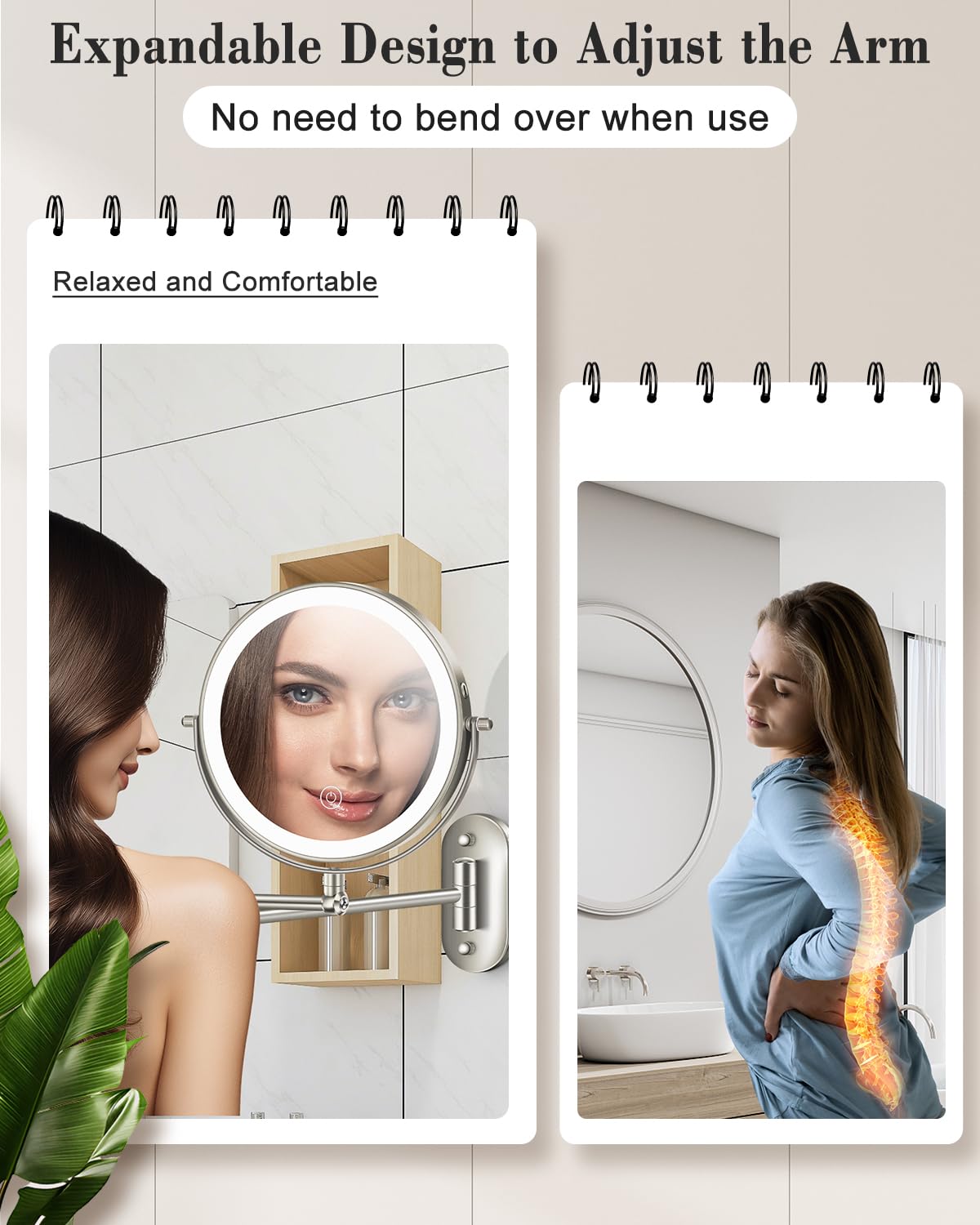 vpu 20X 9" Wall Mounted Magnifying Makeup Mirror with Light Height Adjustable – back view and specifications