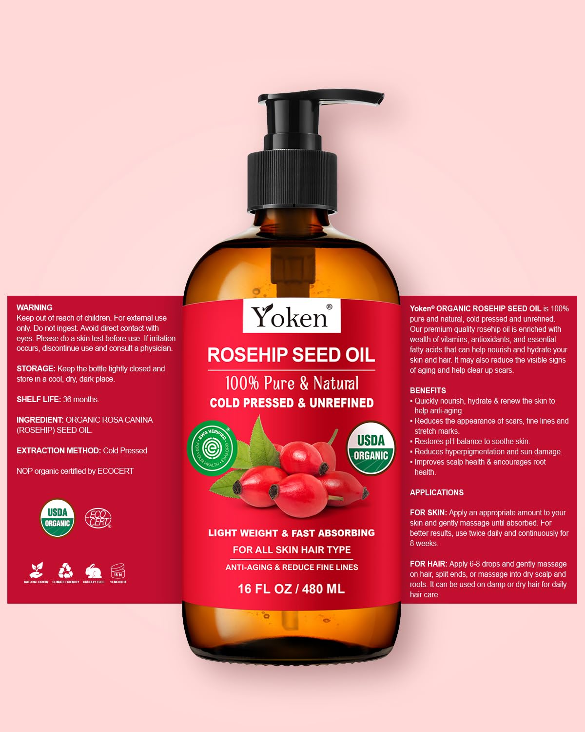 Yoken Cold Pressed Organic Rosehip Seed Oil for Skin, Hair & Body, 16 fl oz