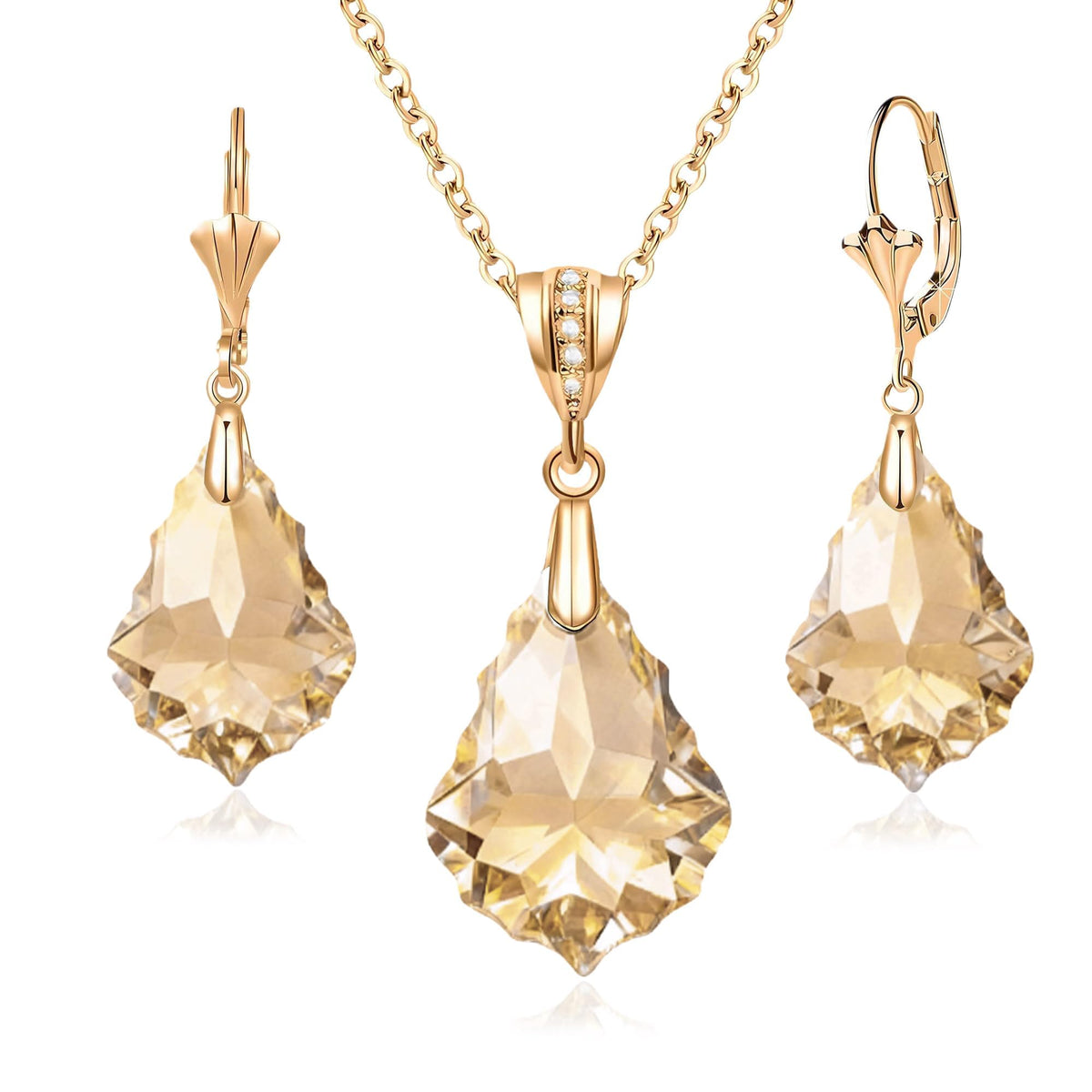 EVEVIC Austrian Crystals Baroque Pendant Necklace Earrings for Women 14K Gold Plated Hypoallergenic Leverback Drop Dangl