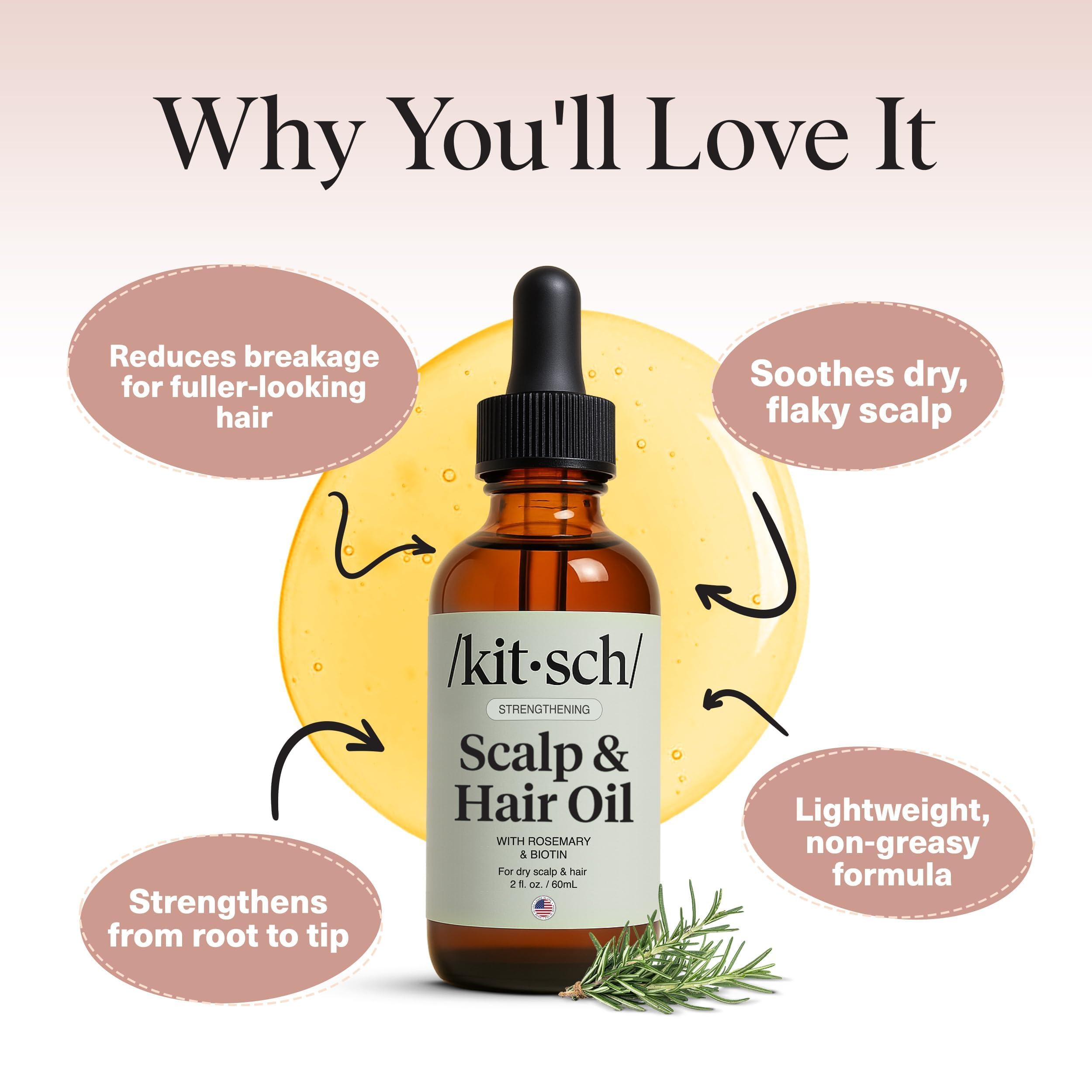 Kitsch rosemary hair growth oil with castor, biotin, and jojoba, 60mL, topically applied for stimulating hair regrowth.