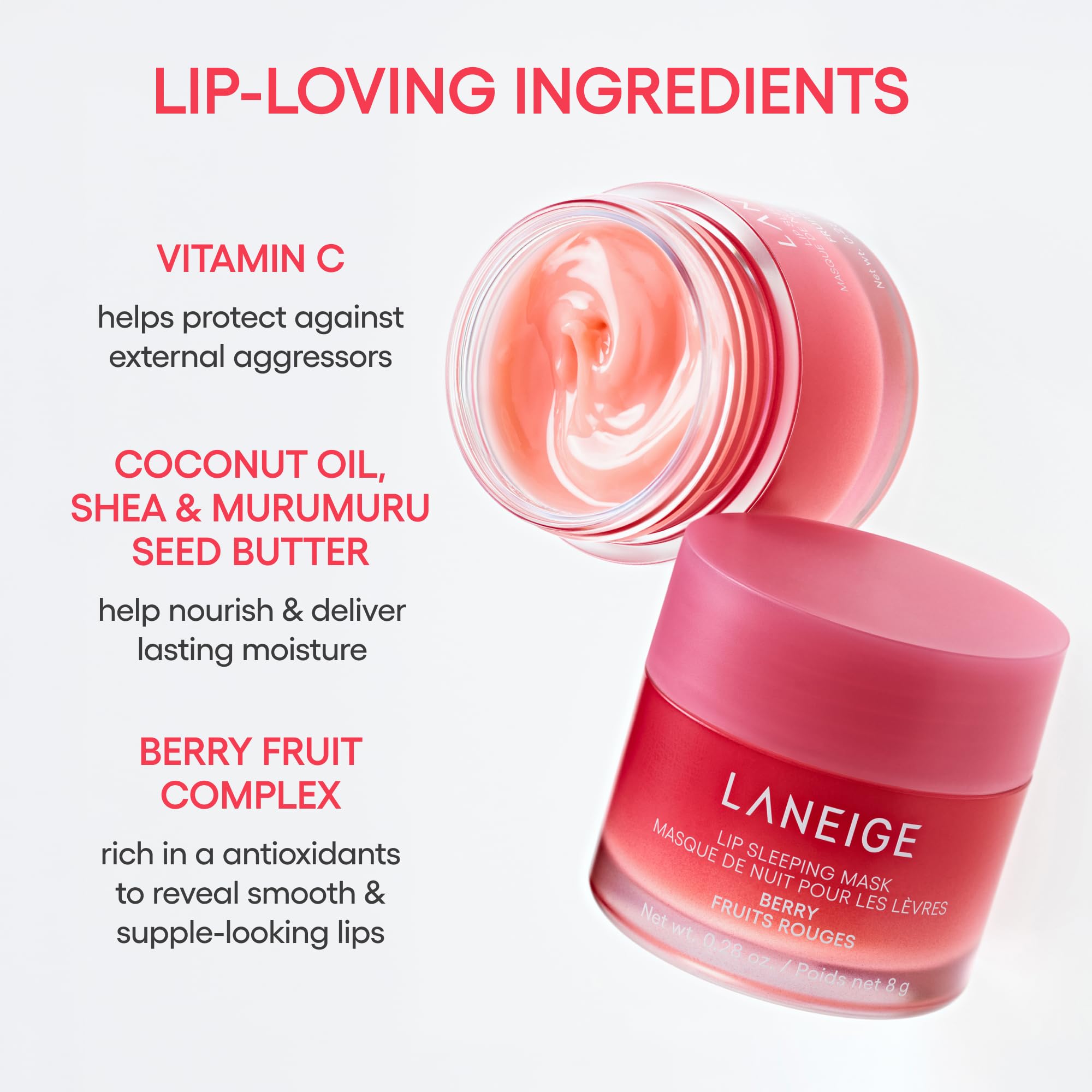 Laneige Lip Sleeping Mask, hydrating Korean lip balm with shea butter, vitamin C, and antioxidants for dry, flaky lips.