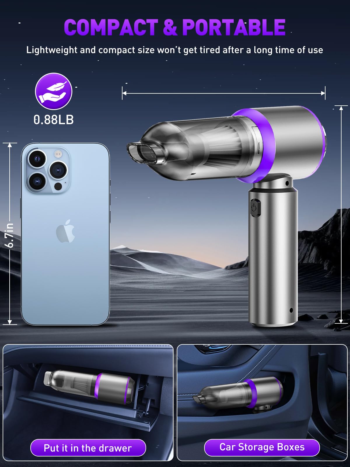 IYOFINE Vacuum/Air Duster Super Power Mini Car Vacuum Cleaner 4-in-1 air Blower Gun – back view and specifications