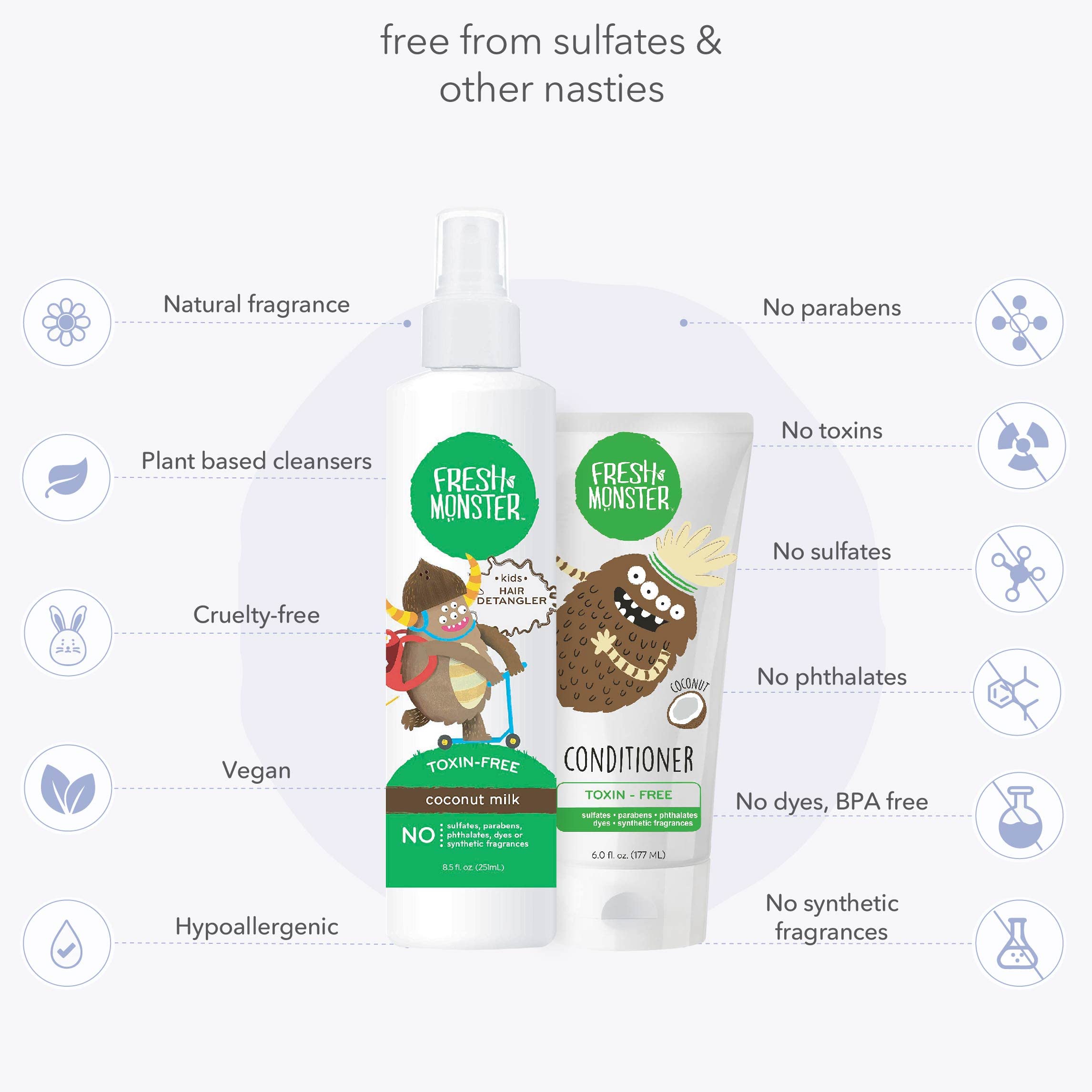 Fresh Monster Kids coconut detangler and conditioner bundle with 8.5 oz detangler and 6 oz conditioner for soft, manageable hair.