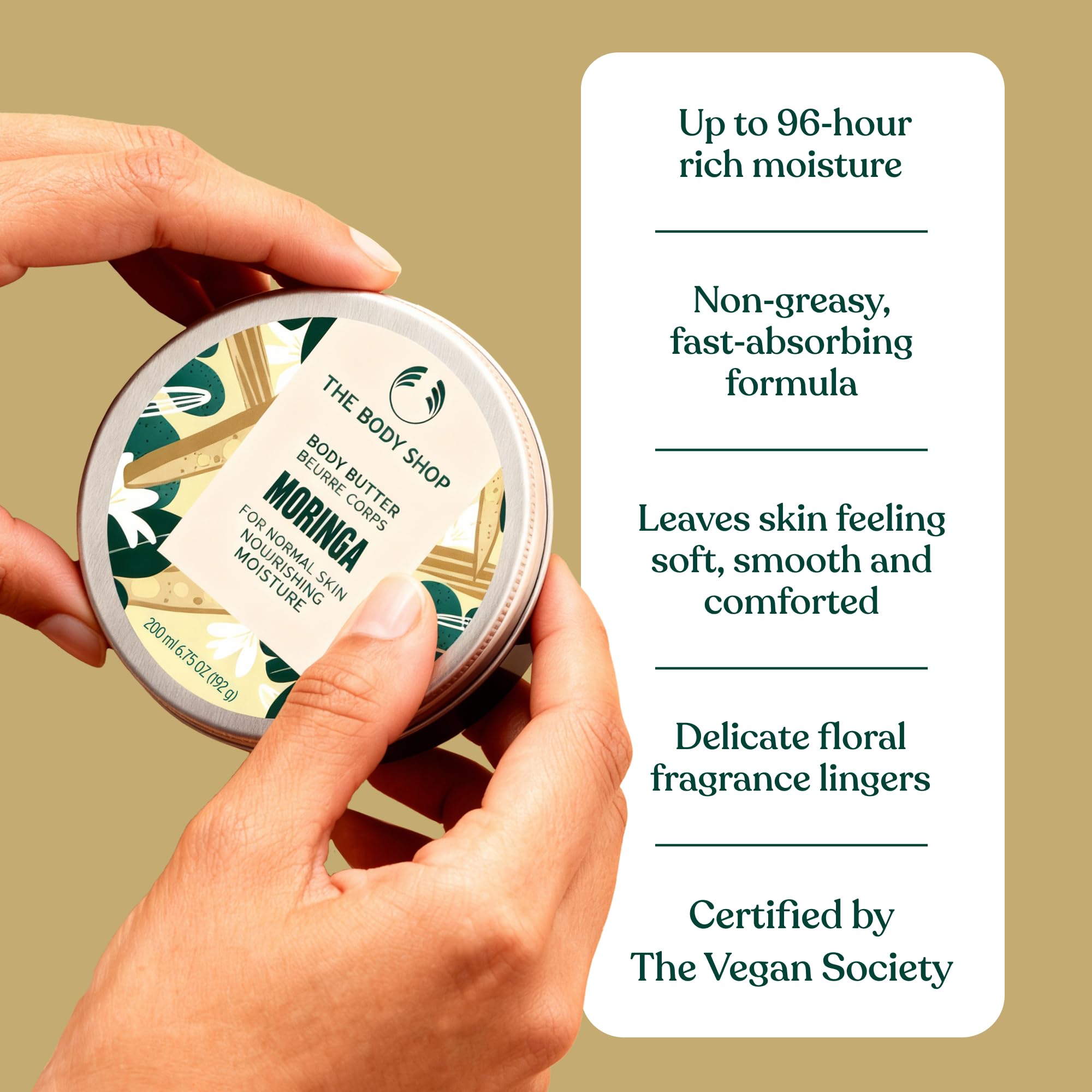 The Body Shop Moringa Body Butter in a 6.75 oz jar, smooth moisturizing cream with a floral fragrance, for soft skin.